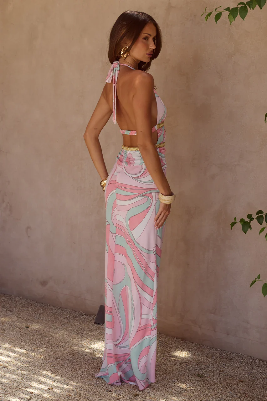 XYLIA HALTER LOW PLUNGE MAXI DRESS - CAMINO PINK