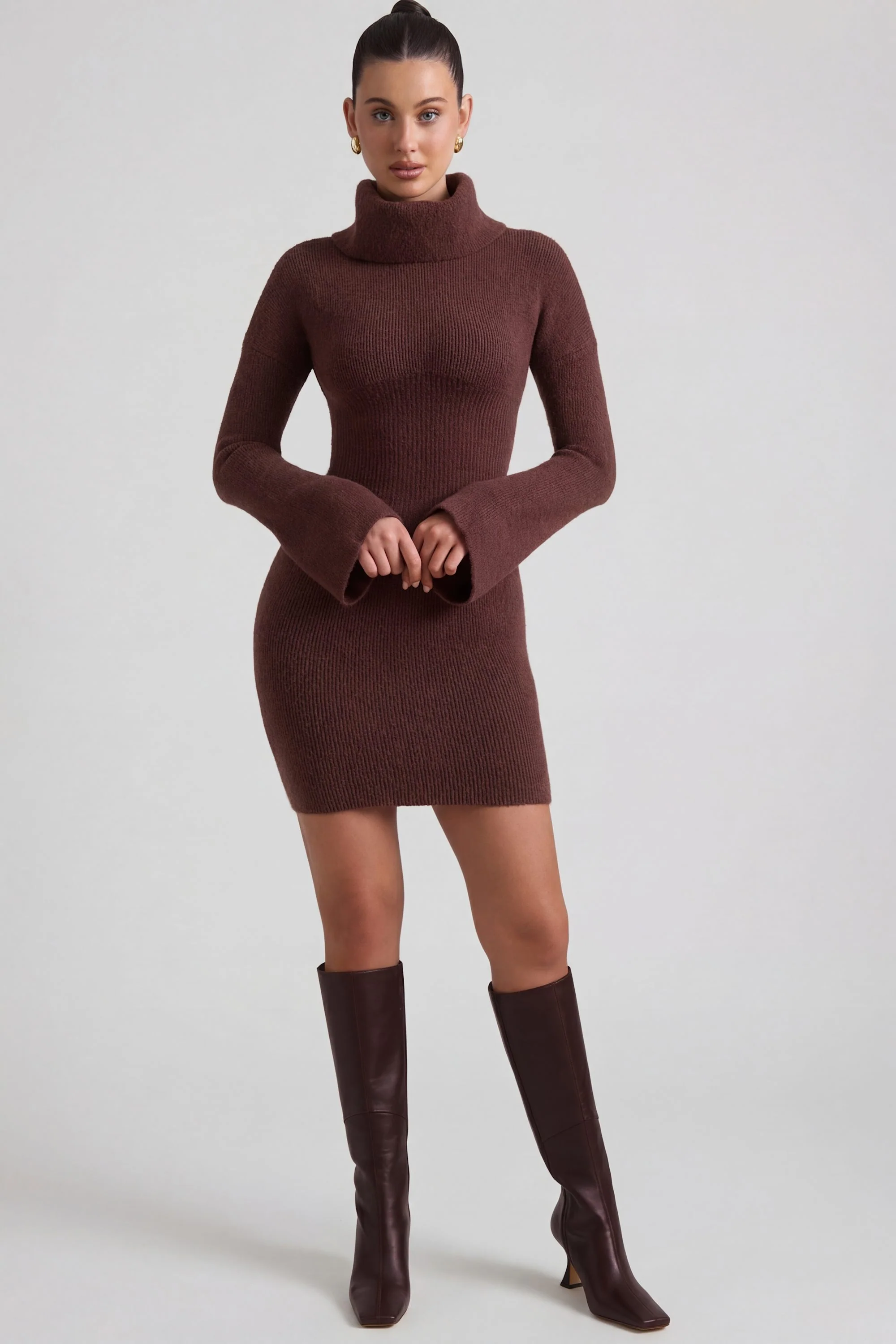Ribbed-Knit Turtleneck Mini Jumper Dress in Espresso