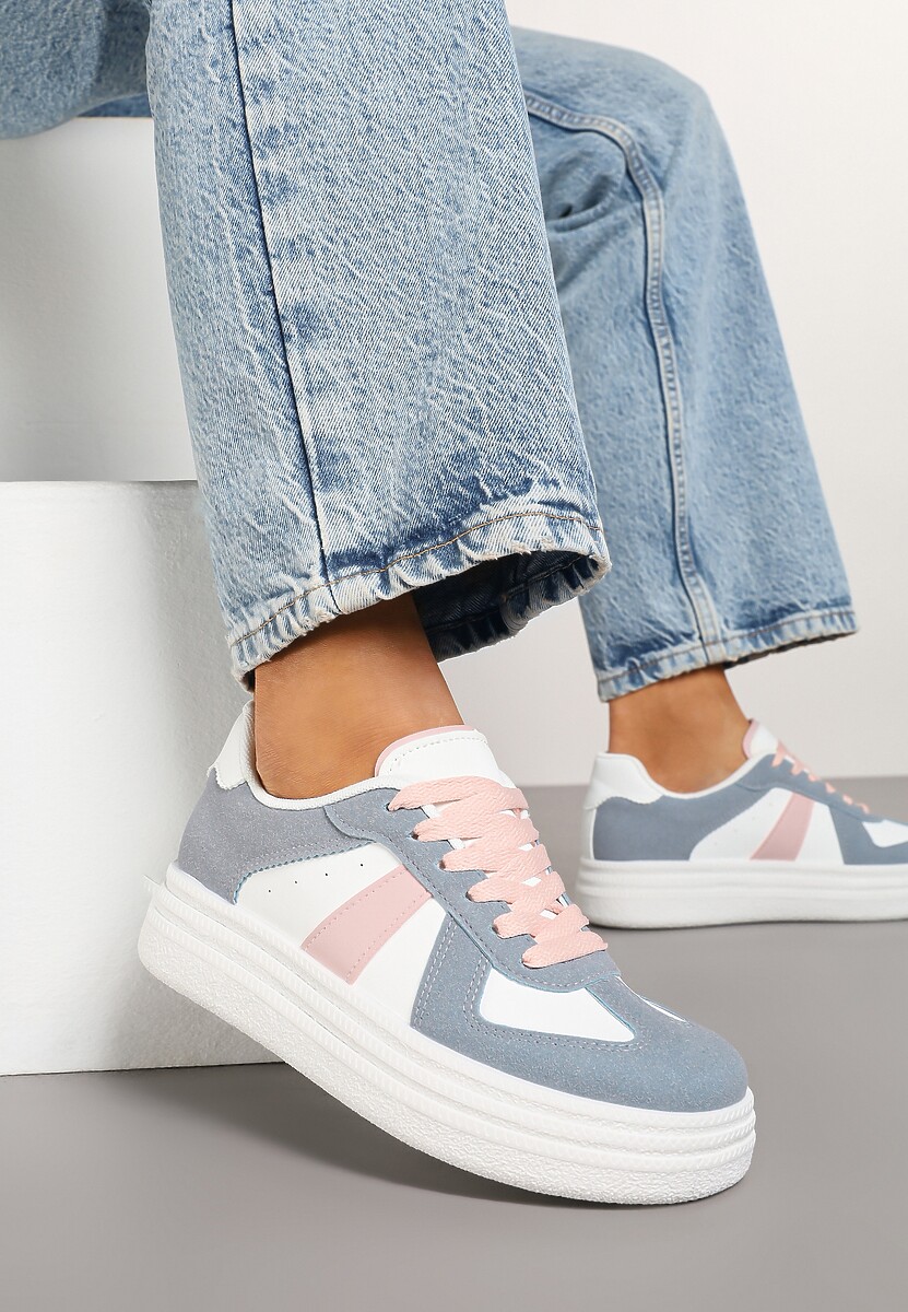 Niebiesko-Białe Sneakersy na Platformie Ozdobione Paskami ze Sznurowaniem Bormi