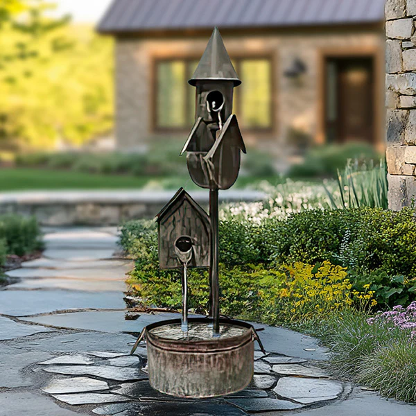 32 Inch Galvanized Rustic Metal Birdhouse Garden Fountain