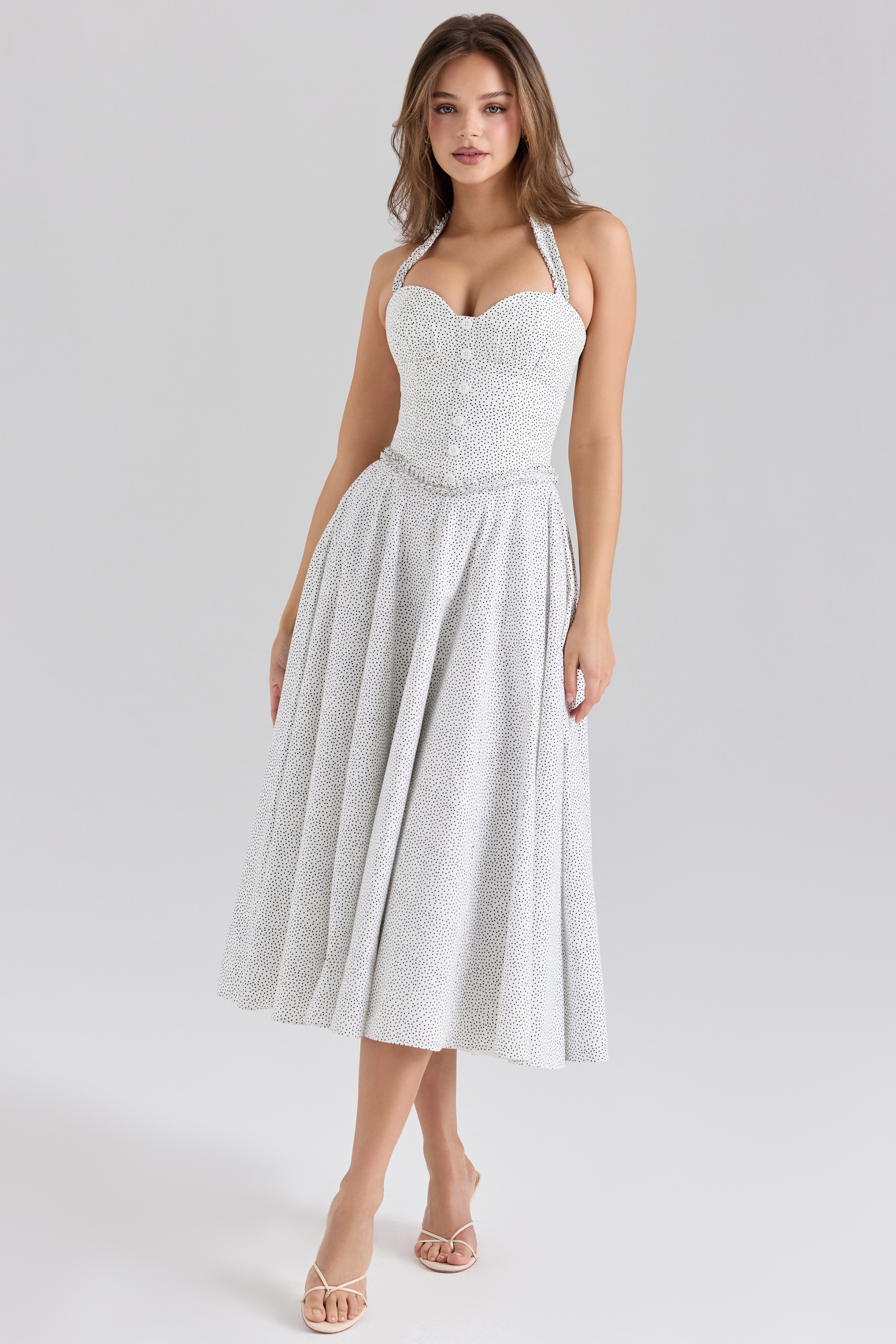 Cotton Halter Neck Polka Dot Print Midi Dress