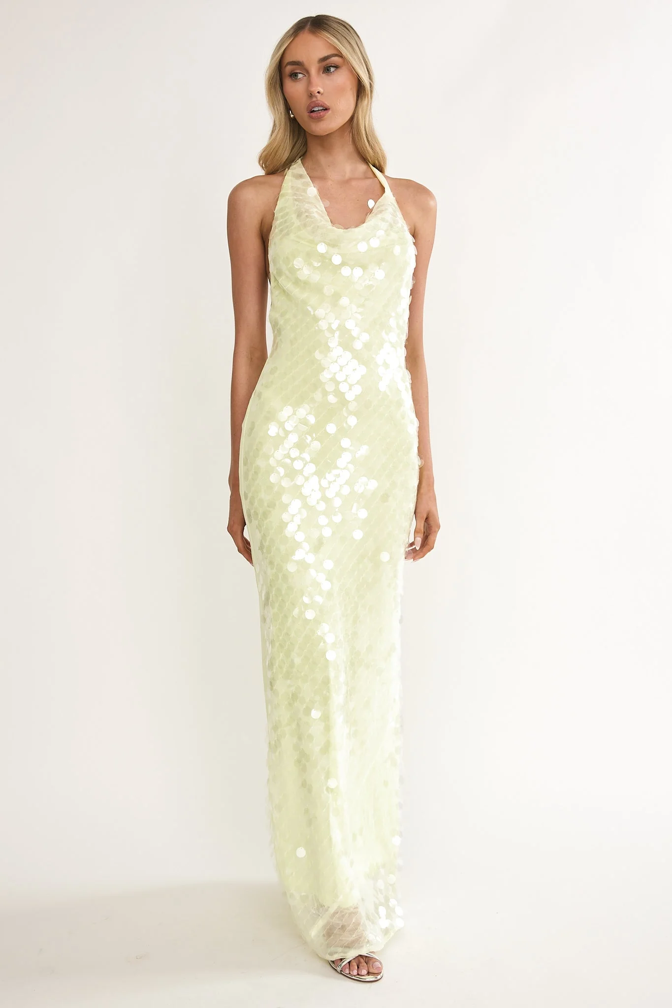 Kirralee Asymmetric Halterneck Sequin Maxi Dress Butter