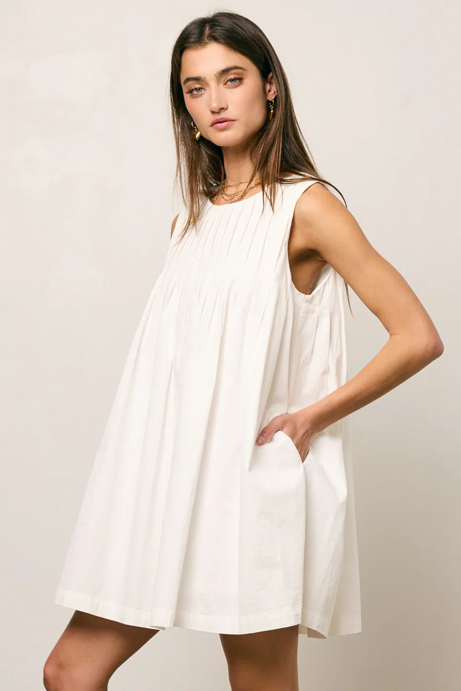 Arizona Pleated Babydoll Dress in White