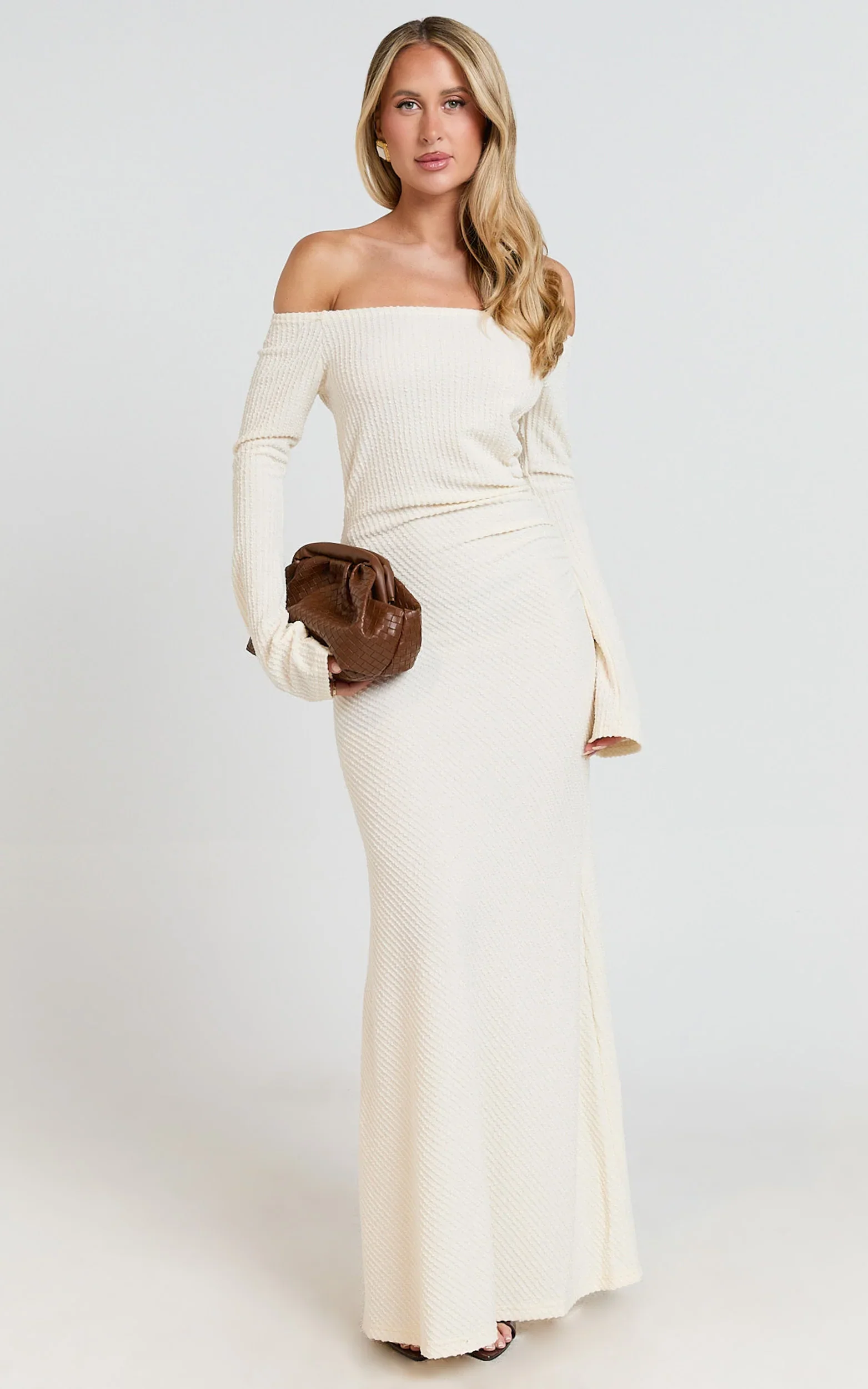 Ayla Maxi Dress - Off Shoulder Flared Sleeve Bodycon Dress in Off White