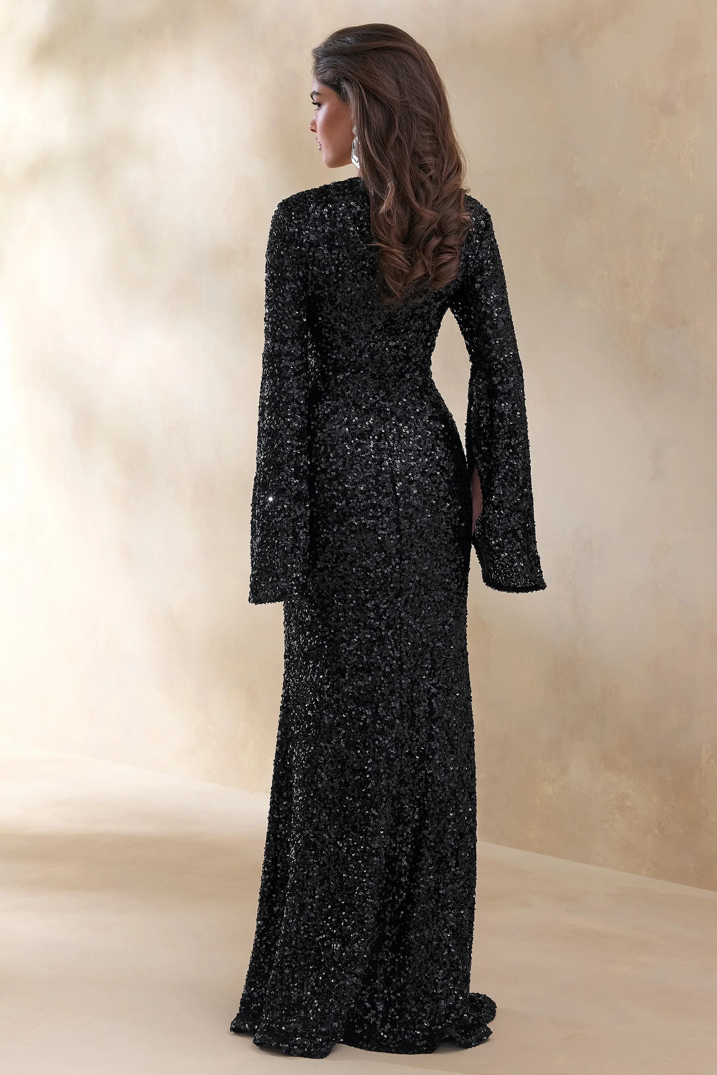 Romea | Black Sequin High-Neck Maxi Dress With Cape Sleeves
