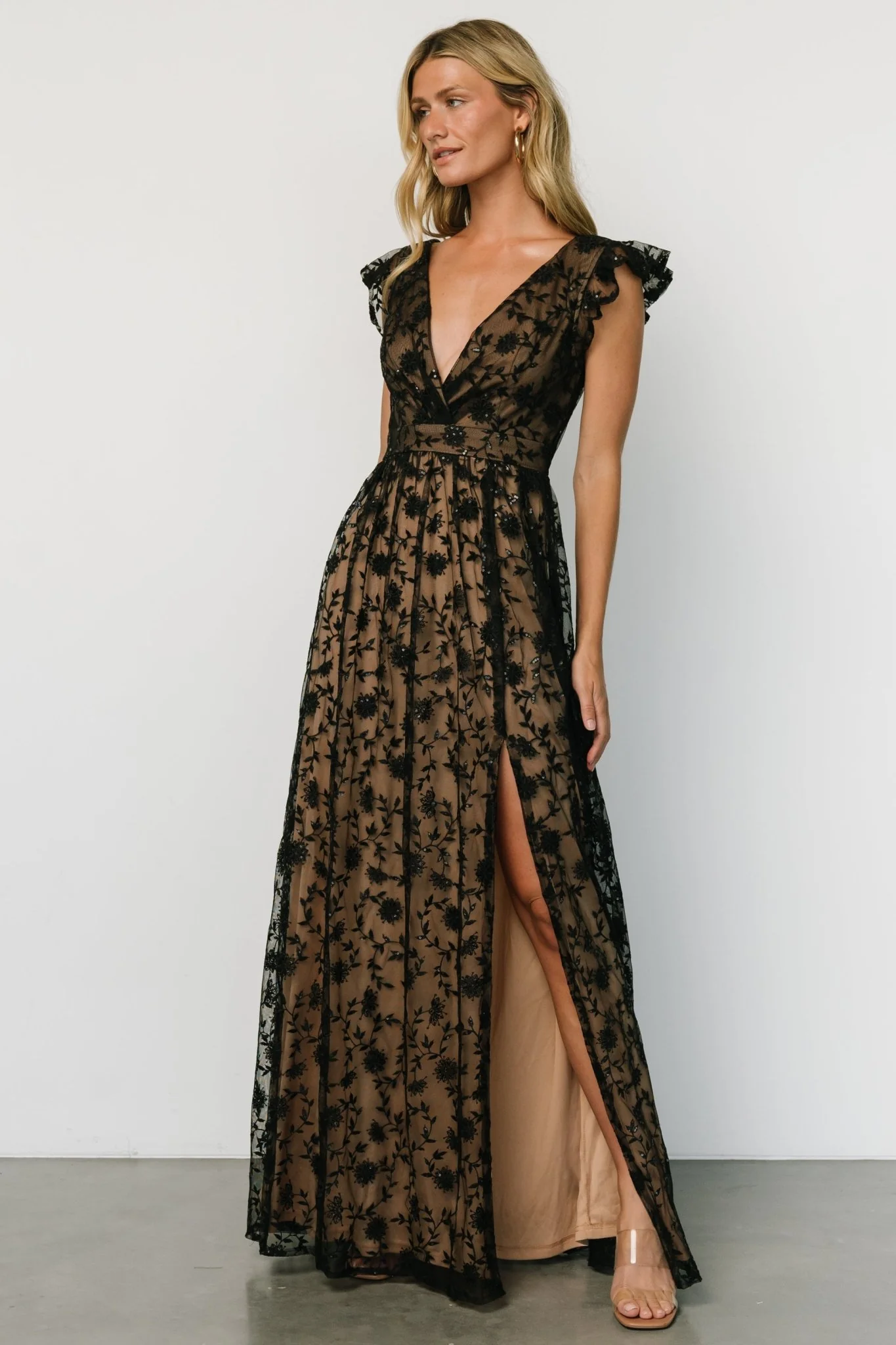 Alexa Embroidered Sequin Maxi Dress | Black + Nude - luluinthesky