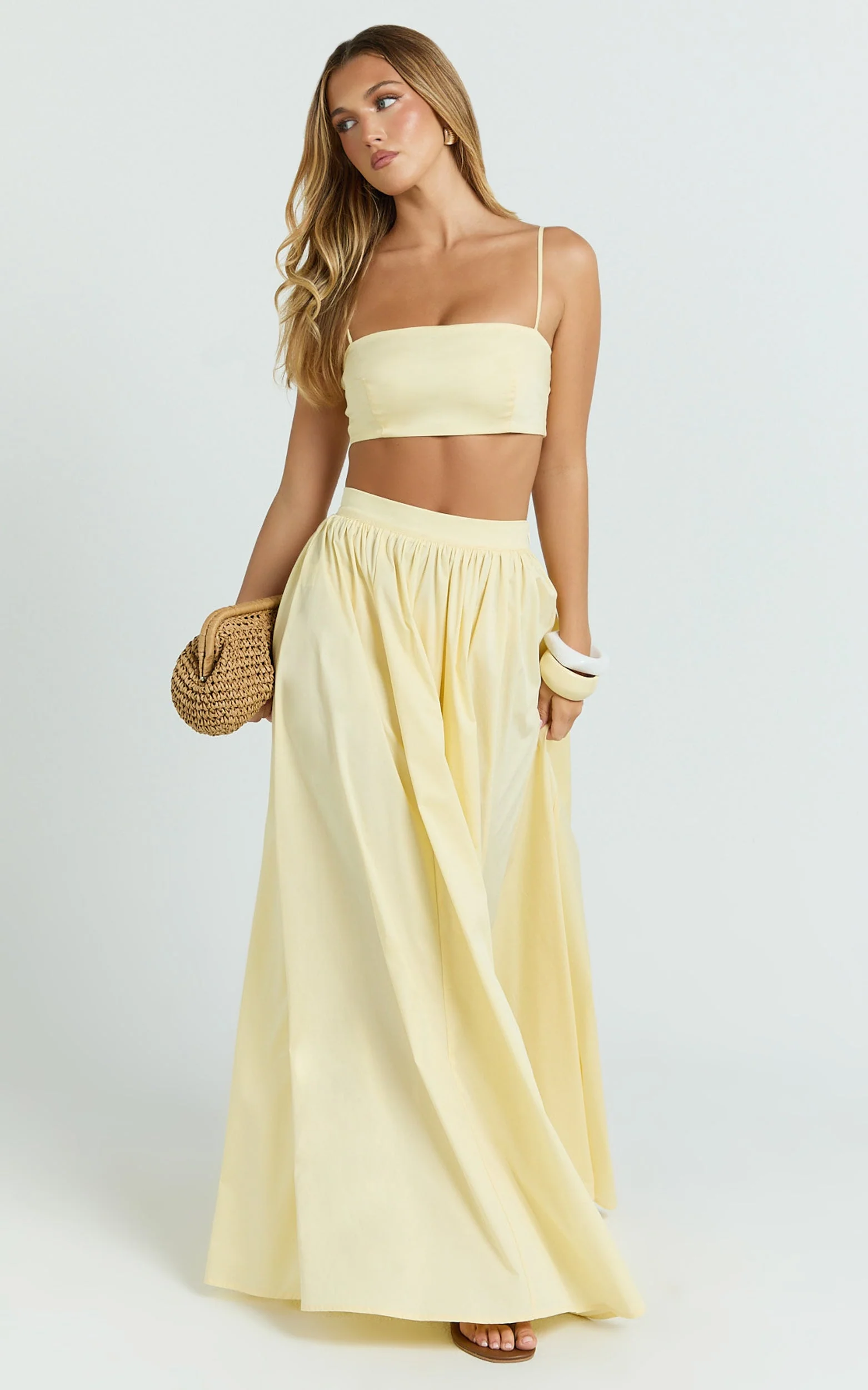 Tegan Two Piece Set - Straight Neck Micro Crop Top and A Line Maxi Skirt Set in Butter Yellow - luluinthesky