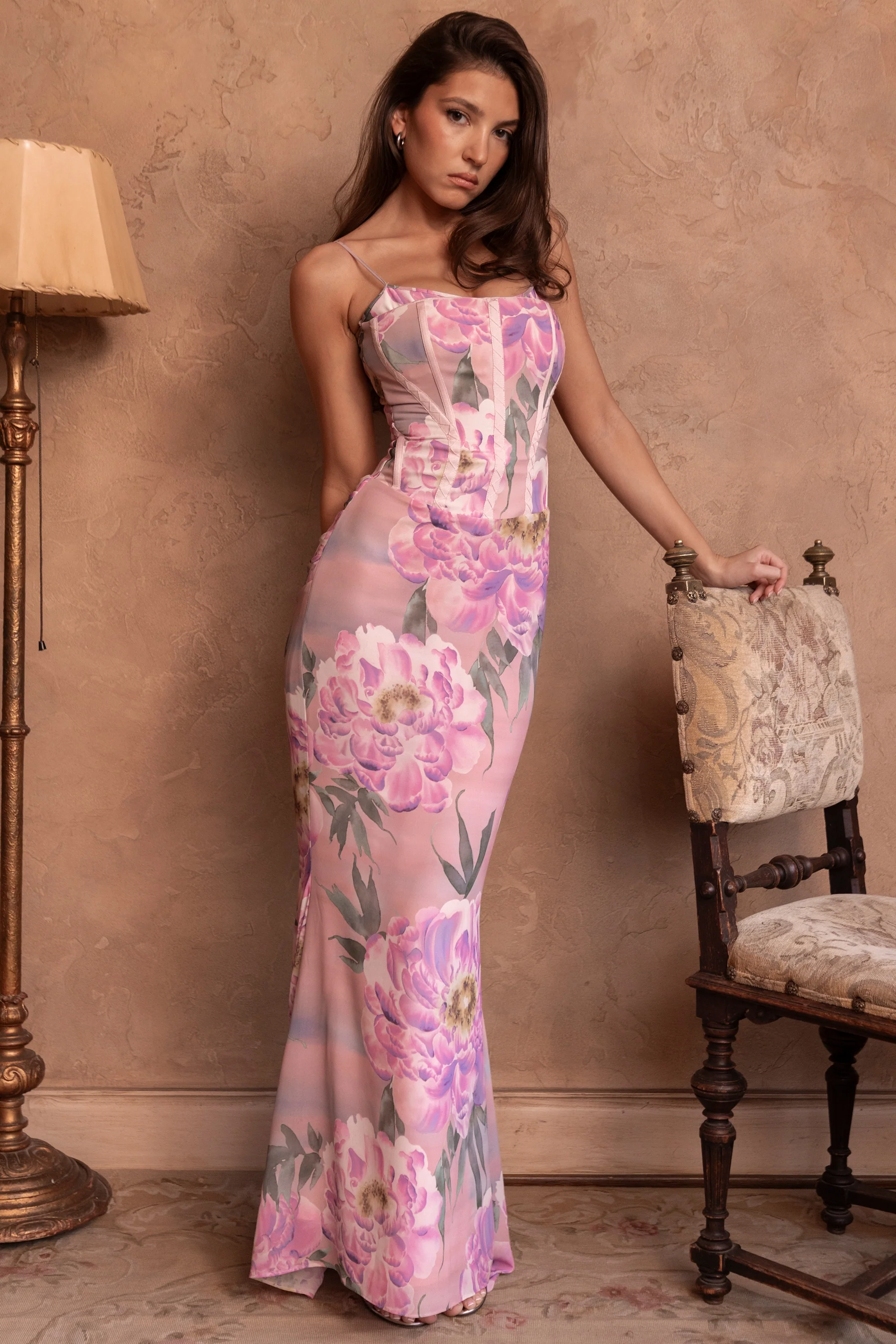 Pink Floral Corset Maxi Dress
