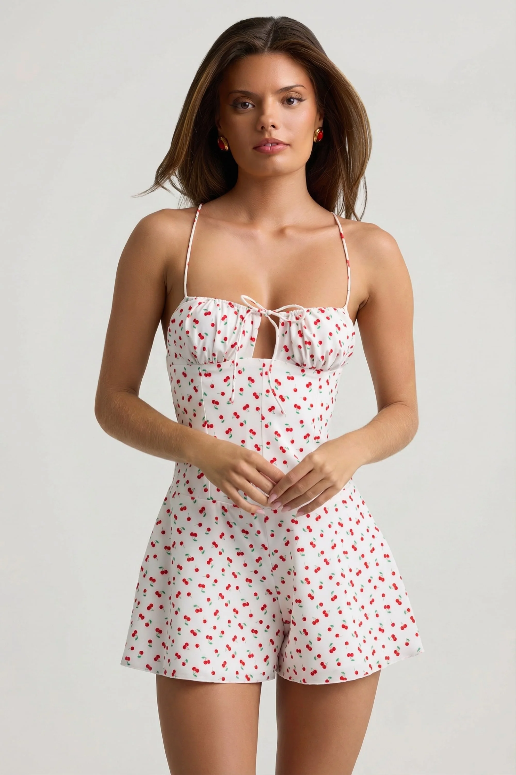 Ruched Backless Playsuit in Cherry Print