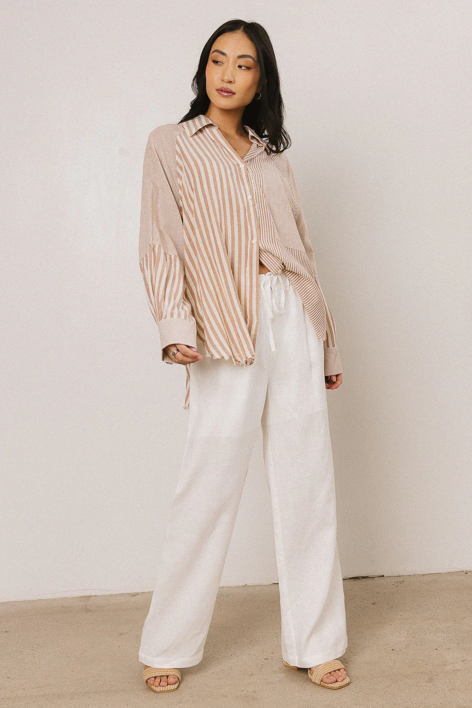 Gia Striped Button Up in Taupe
