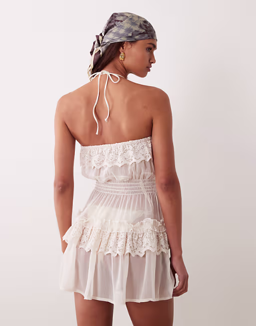 Miss Selfridge lace shirred strapless beach mini dress in cream