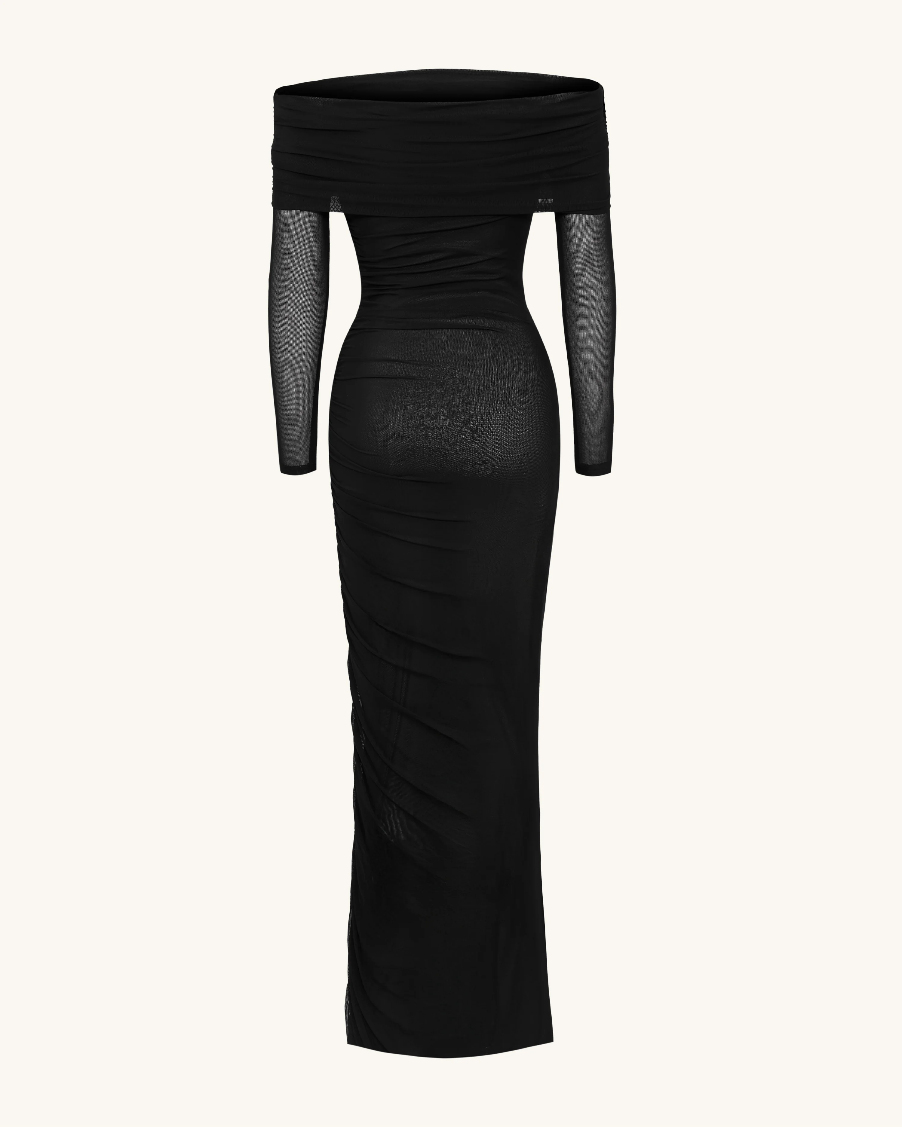 Ruched Off-Shoulder Mesh-Sleeve Mermaid Maxi Dress - Black - FASHION NOB