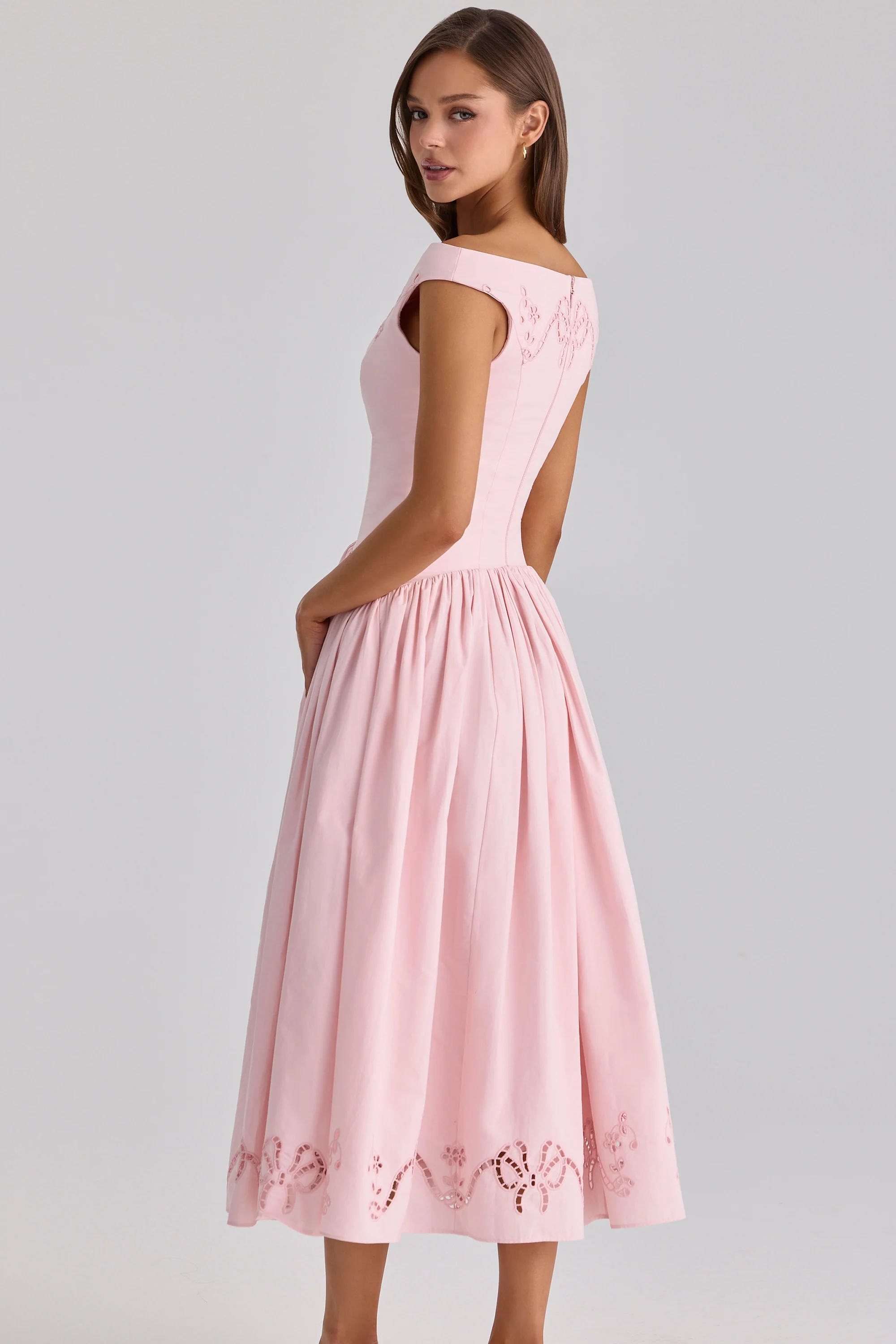 Pink Cotton Broderie Anglaise Boat Neck Maxi Dress