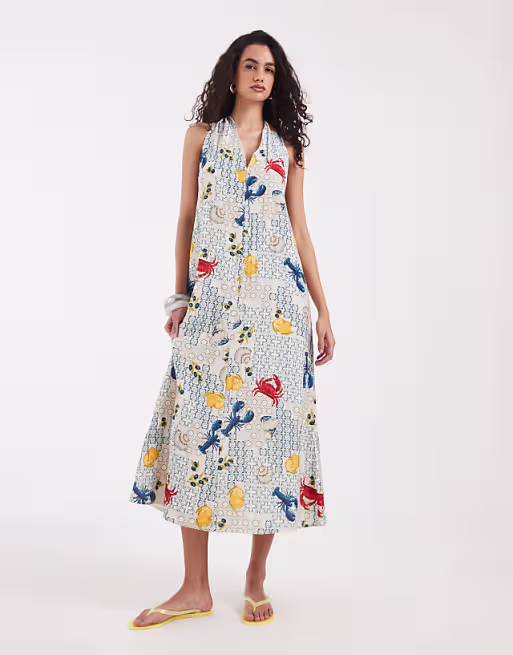 Vero Moda sleeveless tie back detail midi dress in shellfish print
