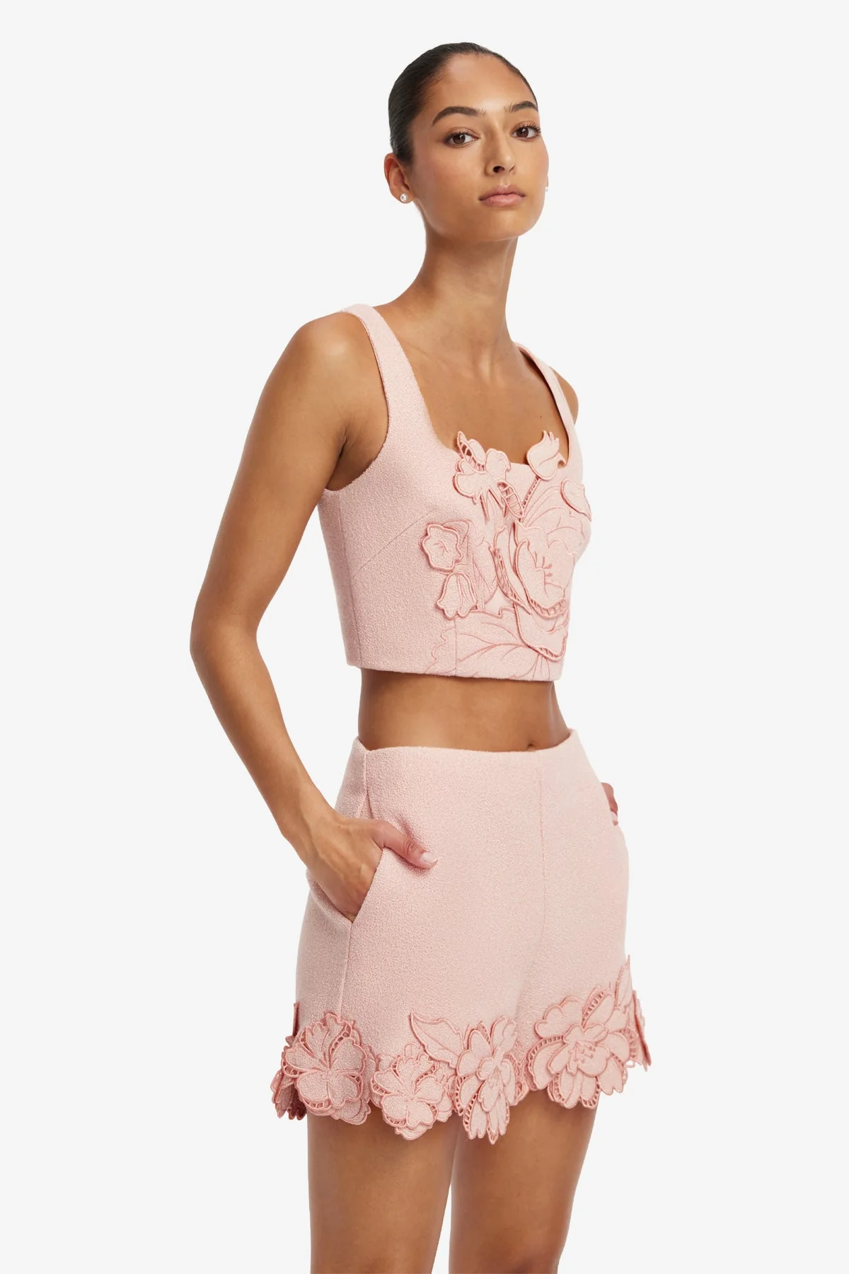 Vivian Appliqué Tweed Crop Top - Dusty Pink