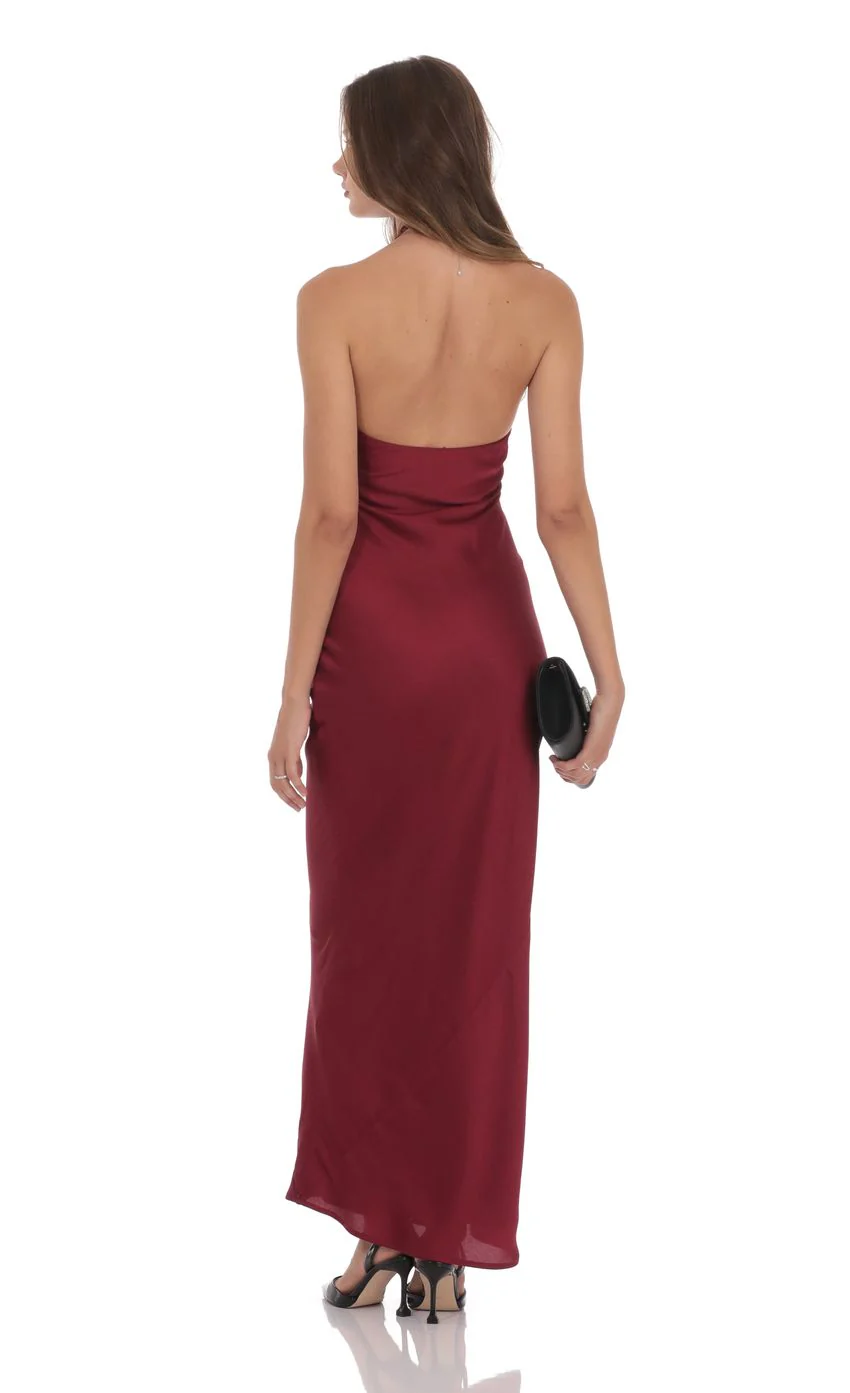 Satin Cross Halter Maxi Dress in Wine - luluinthesky