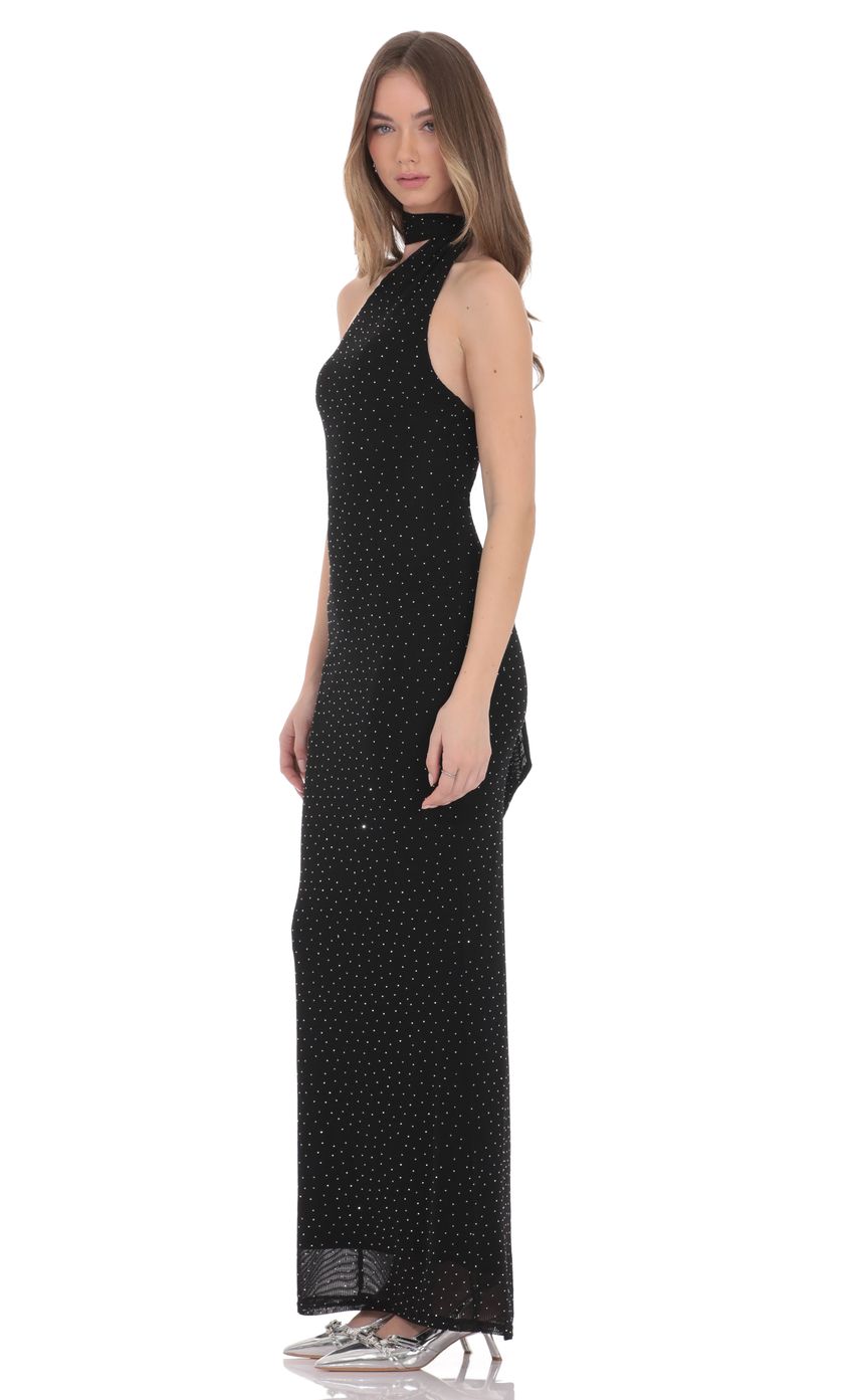 Scarf Ribbed Rhinestone Maxi Dress in Black - FASHION NOB