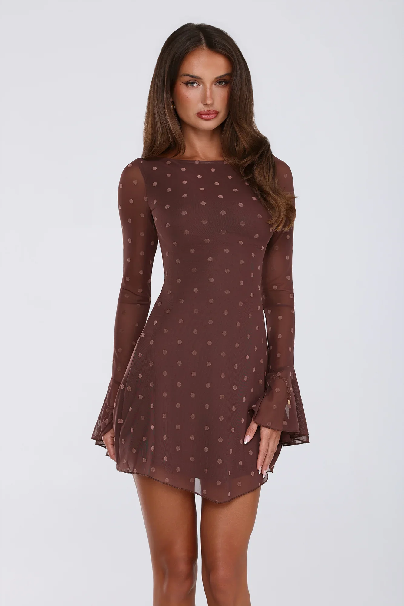 Sunset Season Long Sleeve Polka Dot Mini Dress Brown