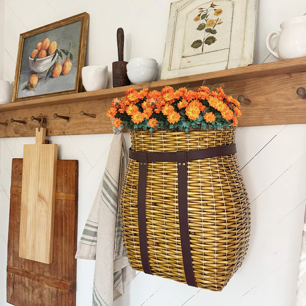 Oversized Rattan Wall Basket with Vegan Leather Trim