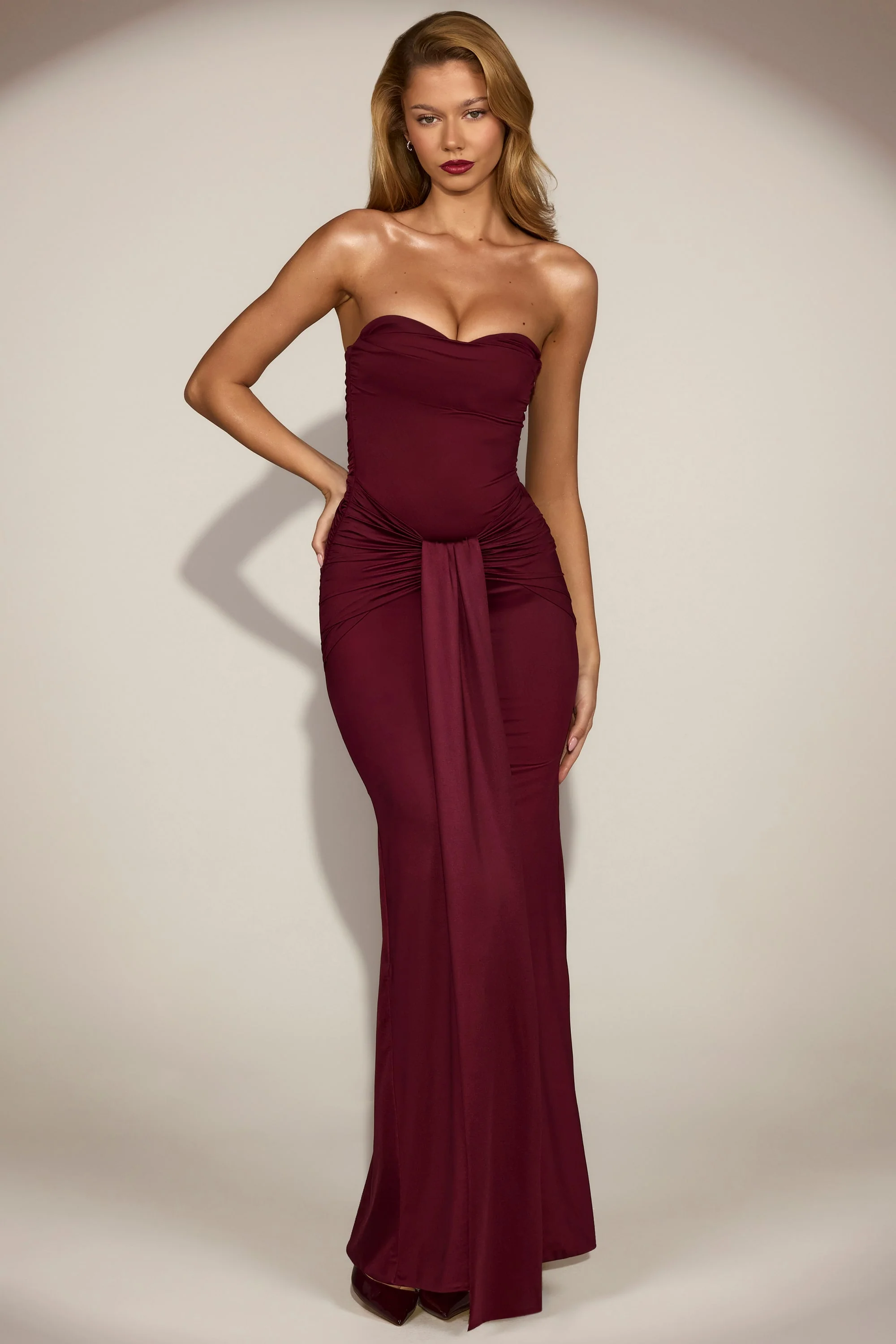 Satin Peekaboo Bandeau Draped Gown in Wine Red