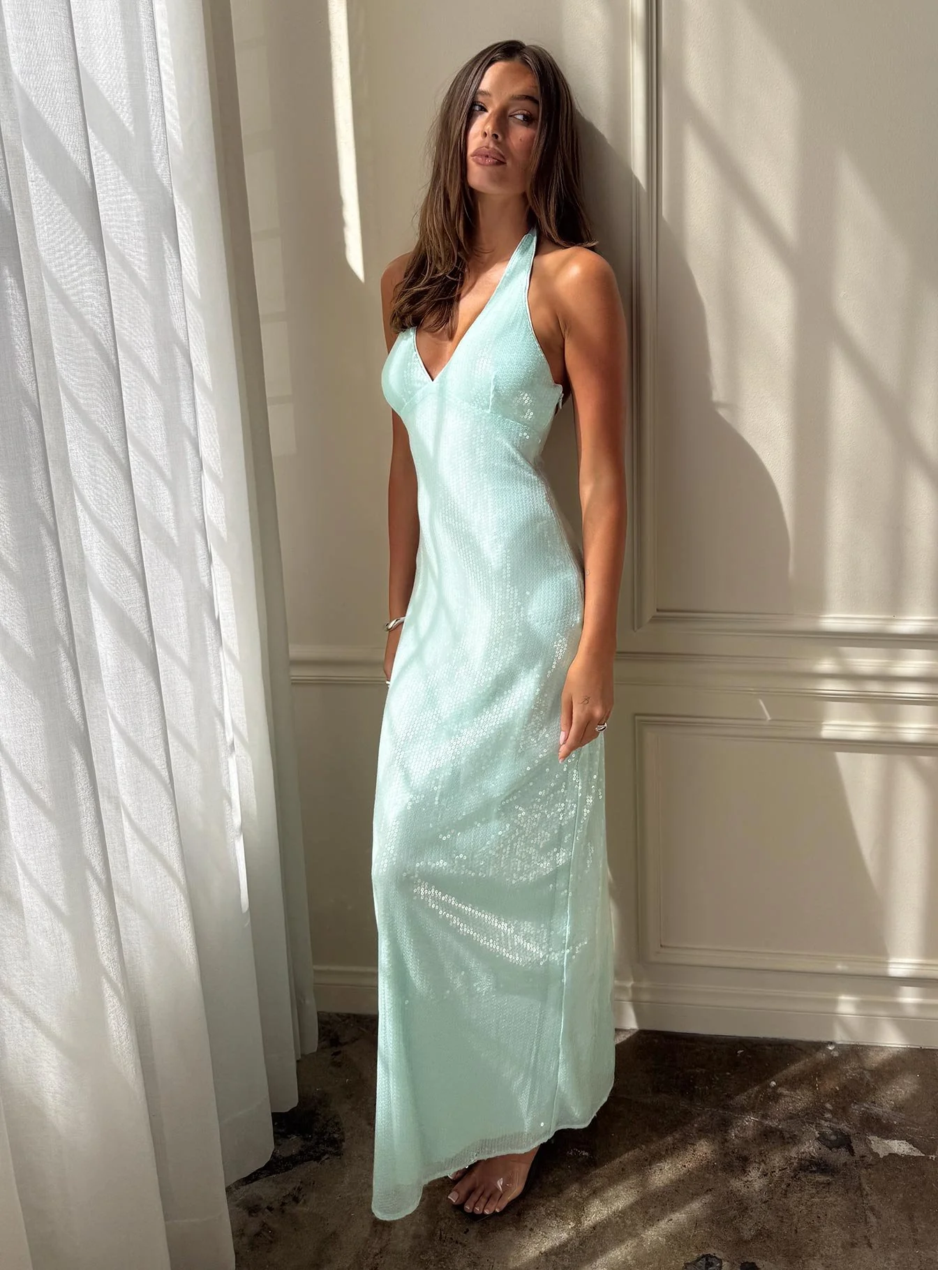 Isanna Halter Sequin Maxi Dress Jelly Mint