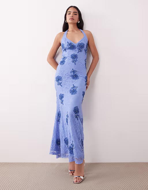 embroidered lace halterneck maxi dress with tie back in blue