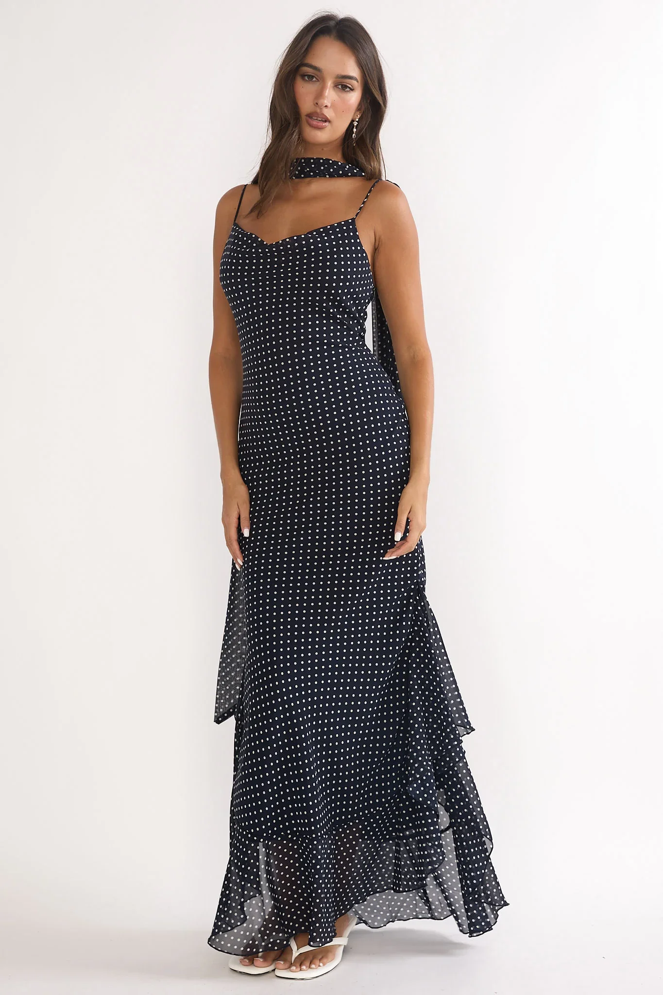Emmara Tied Shoulder Maxi Dress Polka Dot Navy