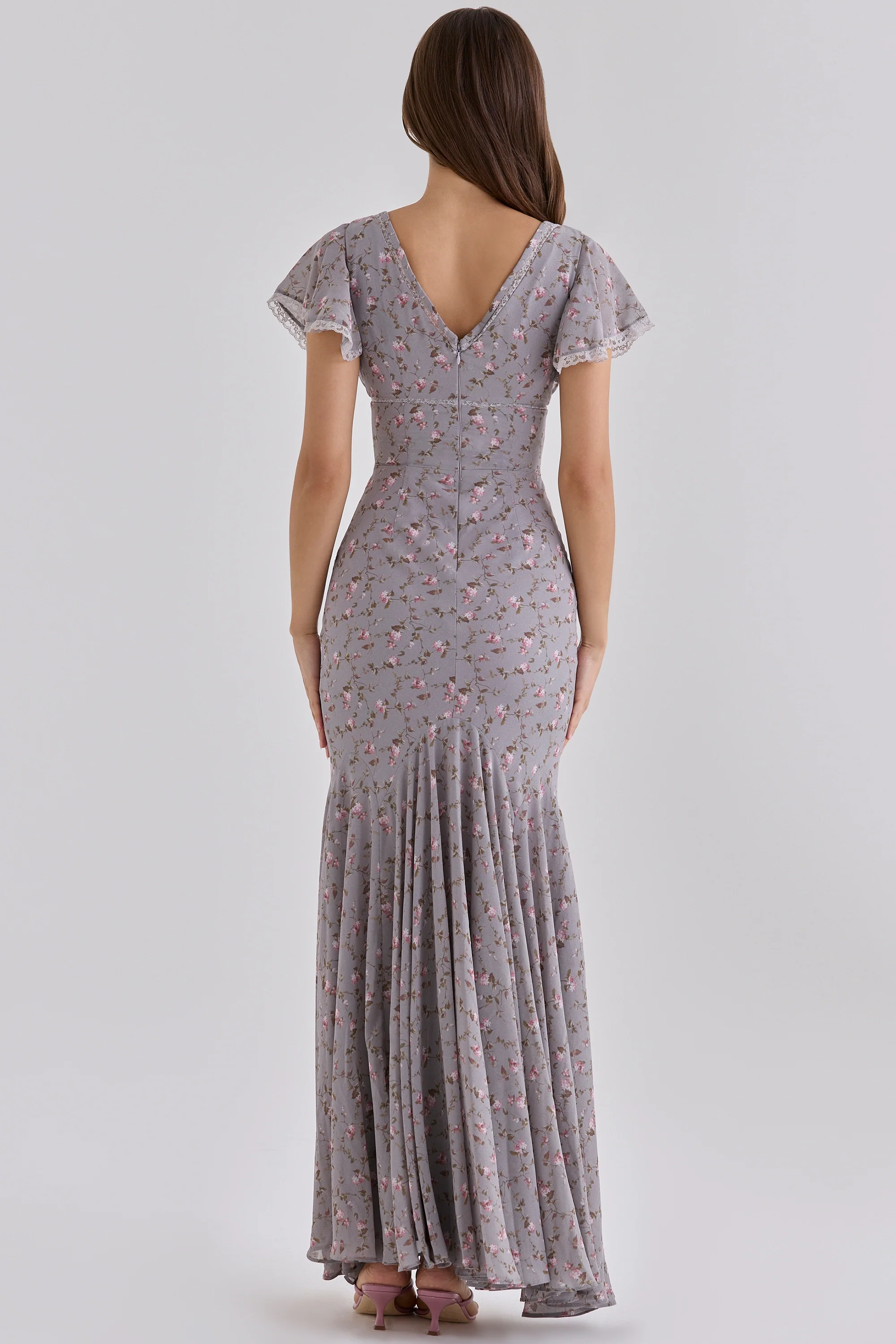 Lilac Vintage Floral Print Georgette Maxi Tea Dress