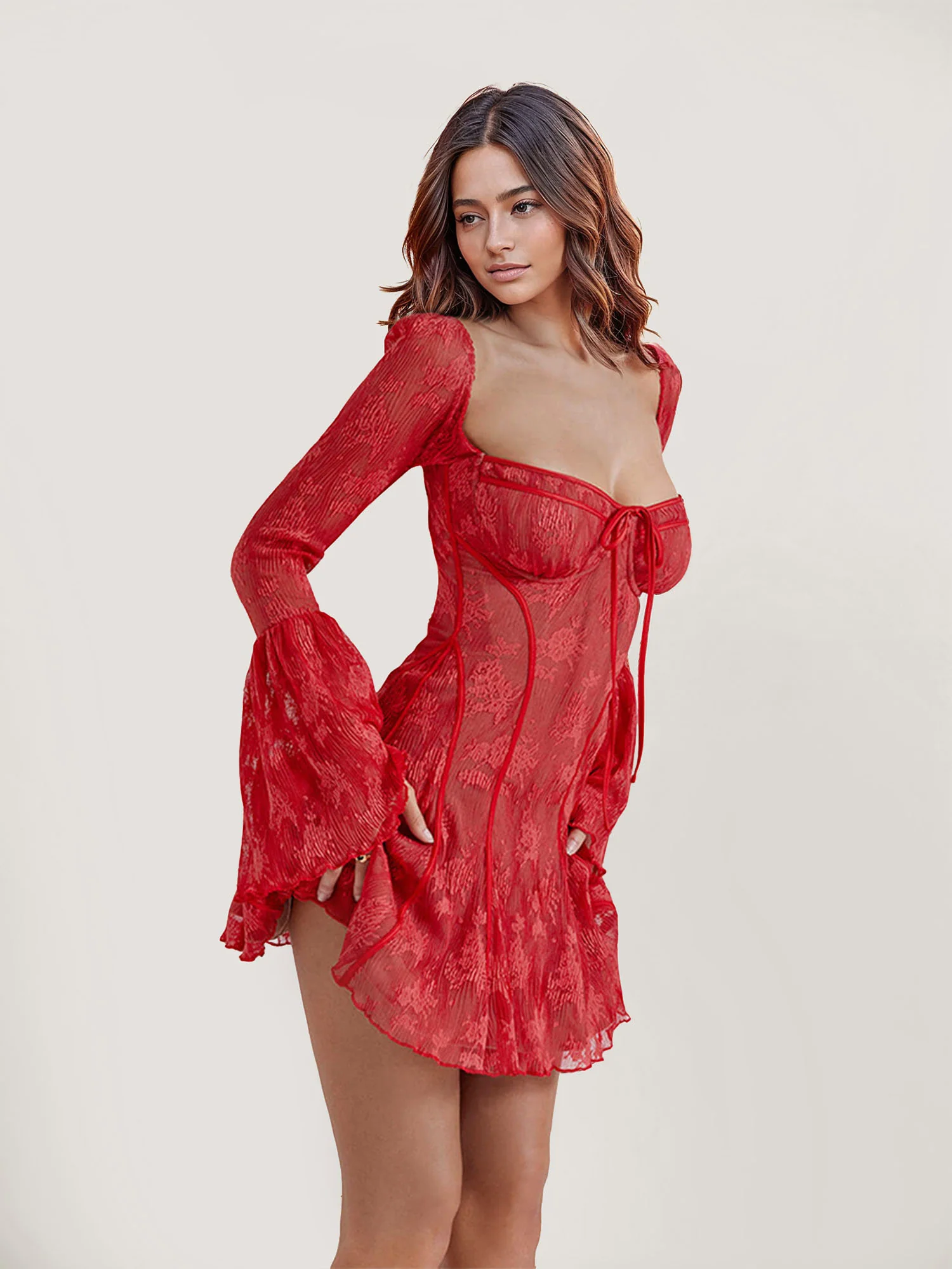Sheer Lace Long-Sleeve Mini Dress