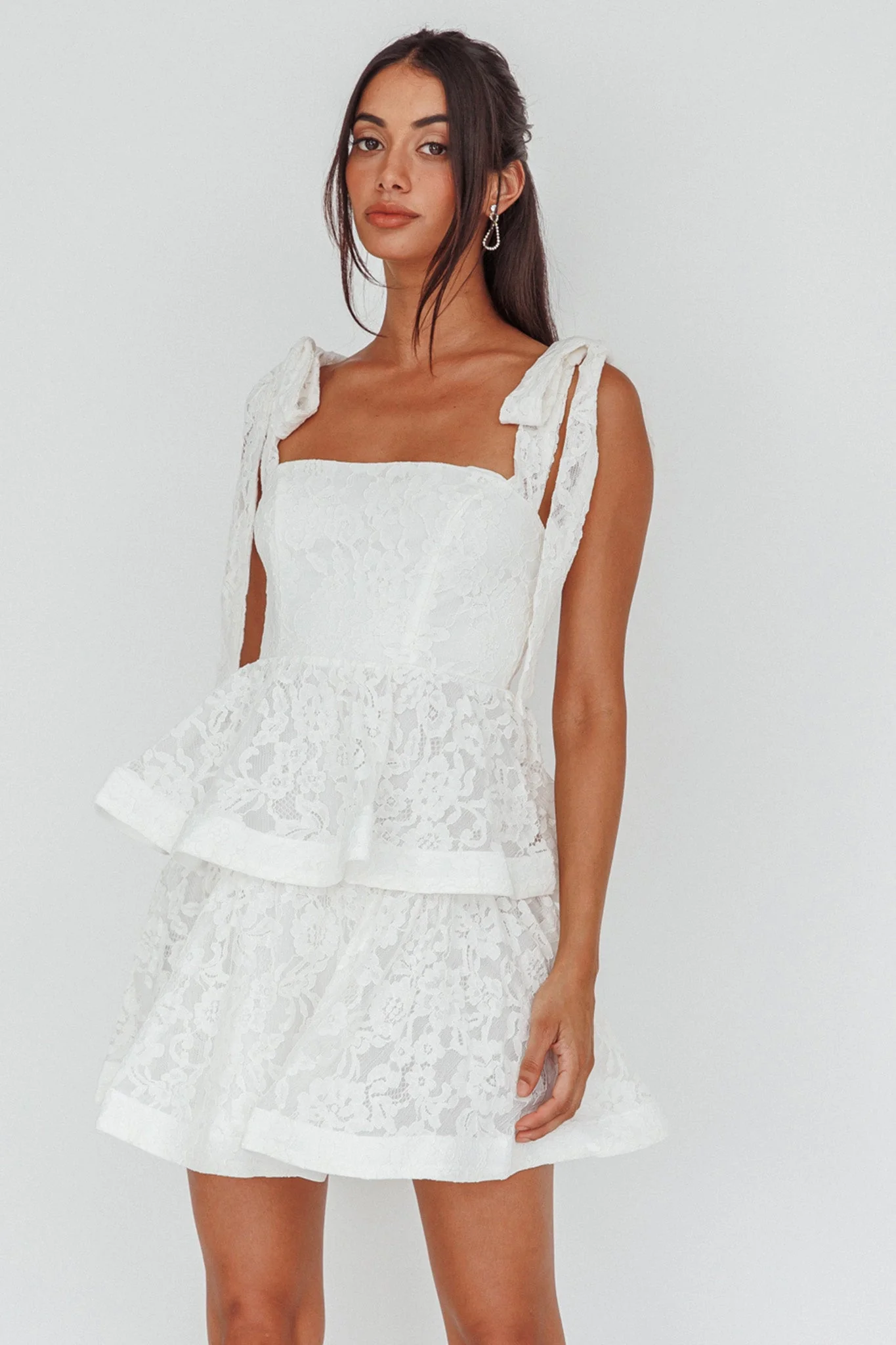Neriah Tied Shoulder Tiered Lace Mini Dress White - luluinthesky