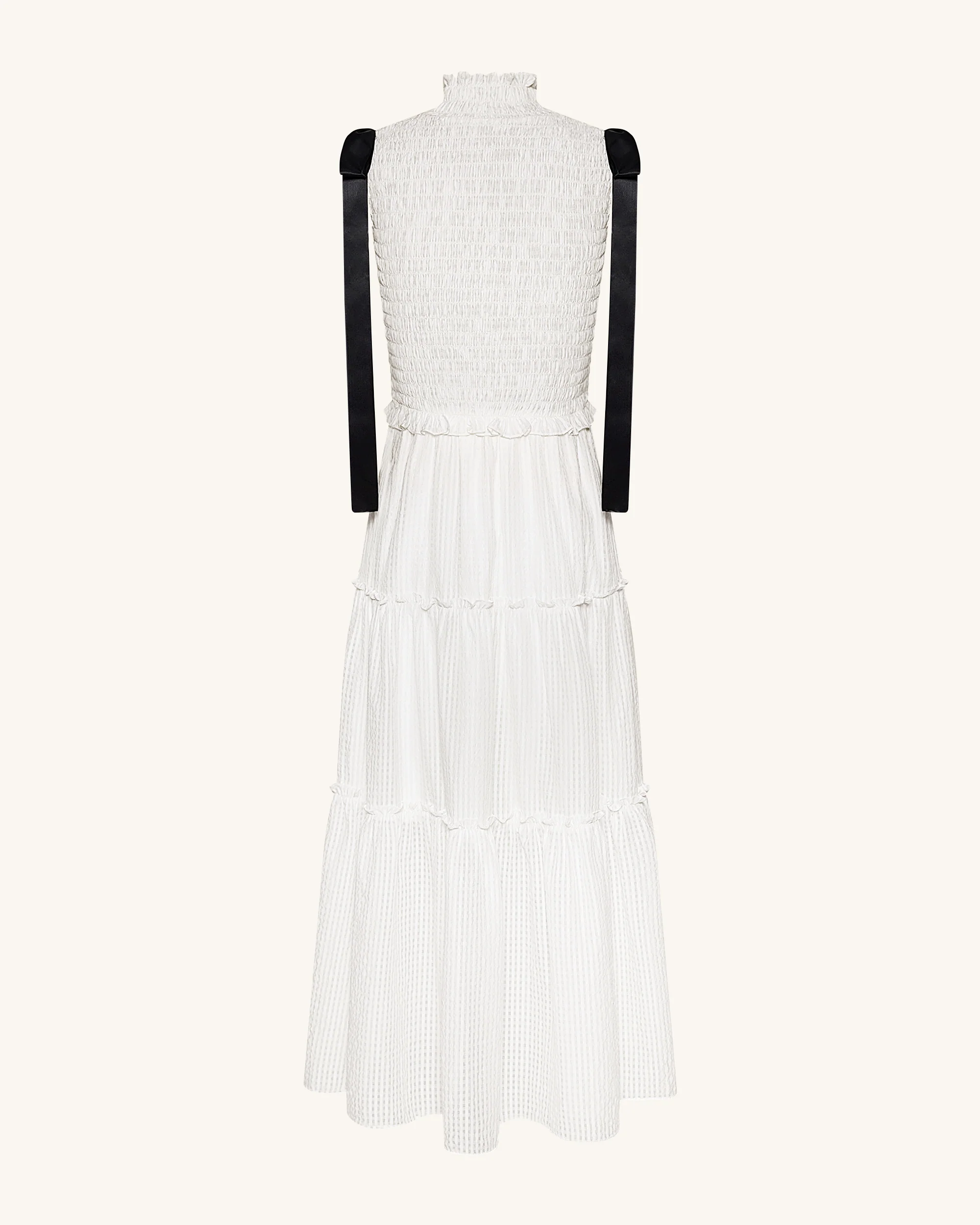 High-Neck Sleeveless Smocked Three-Tier Maxi Dress - White - FASHION NOB