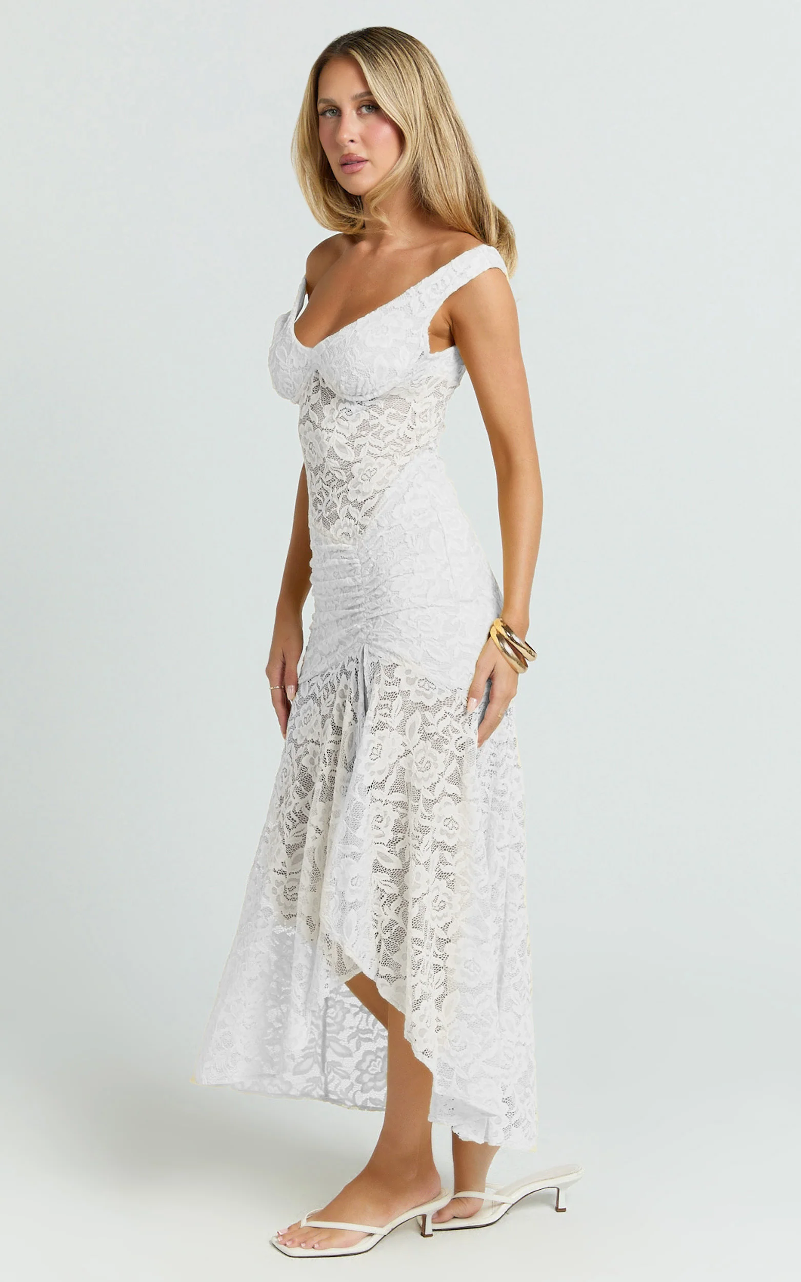 Tatum Midi Dress - Lace Off Shoulder Side Split Dress in Off White