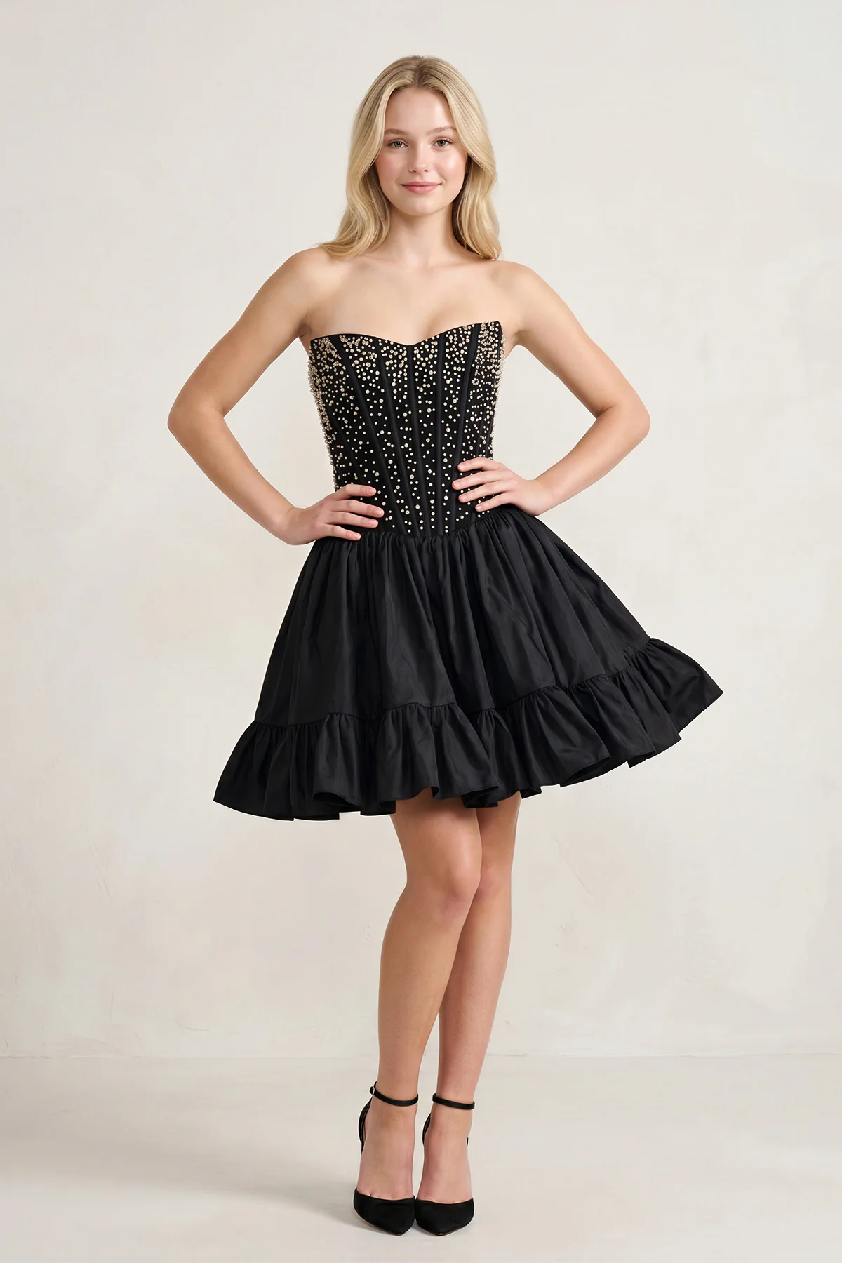 Pink Strapless A Line Satin Ruffles Homecoming Dresses With Pearls