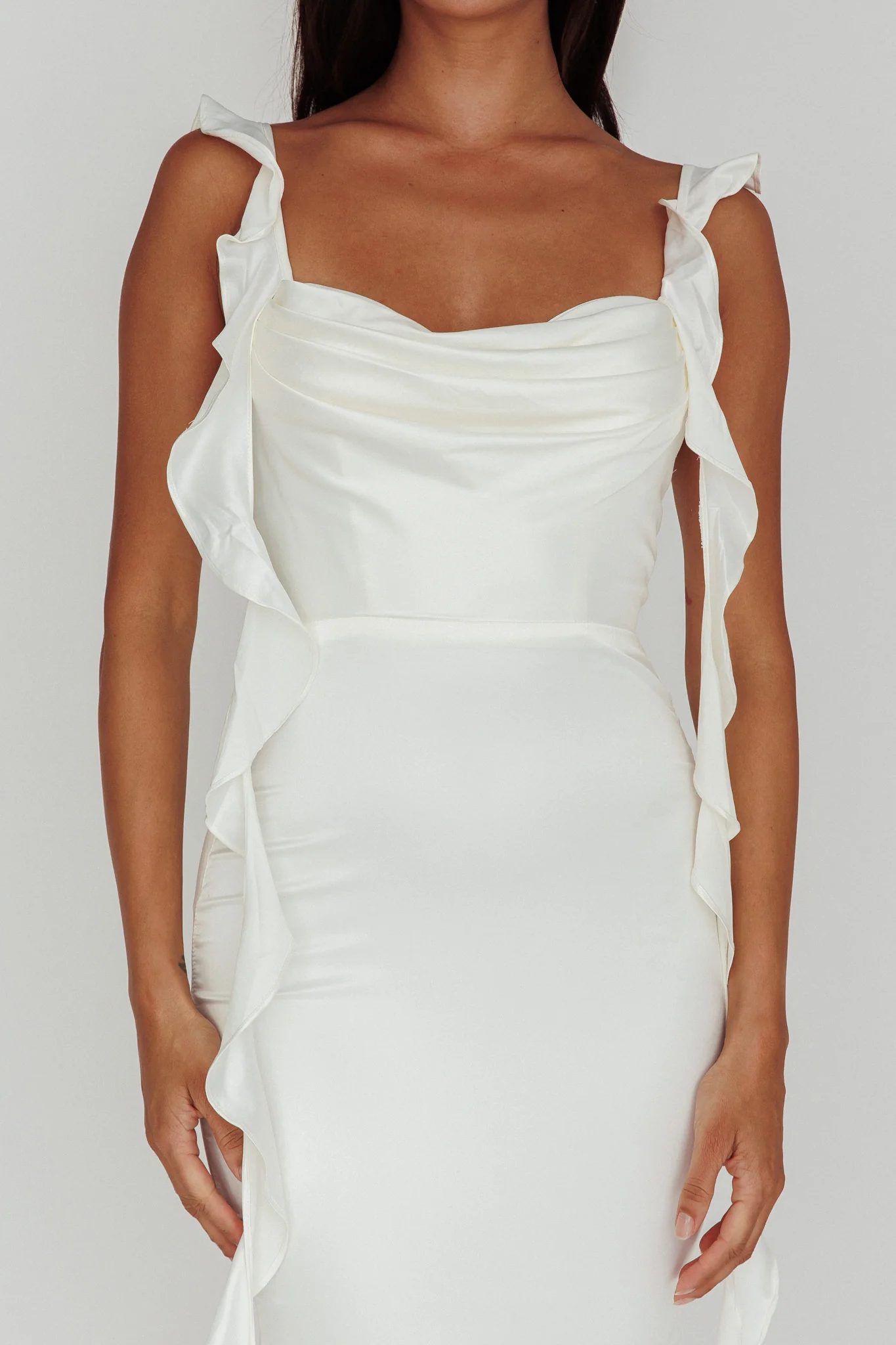 Blushing Ruffle Trim Midi Dress Oyster