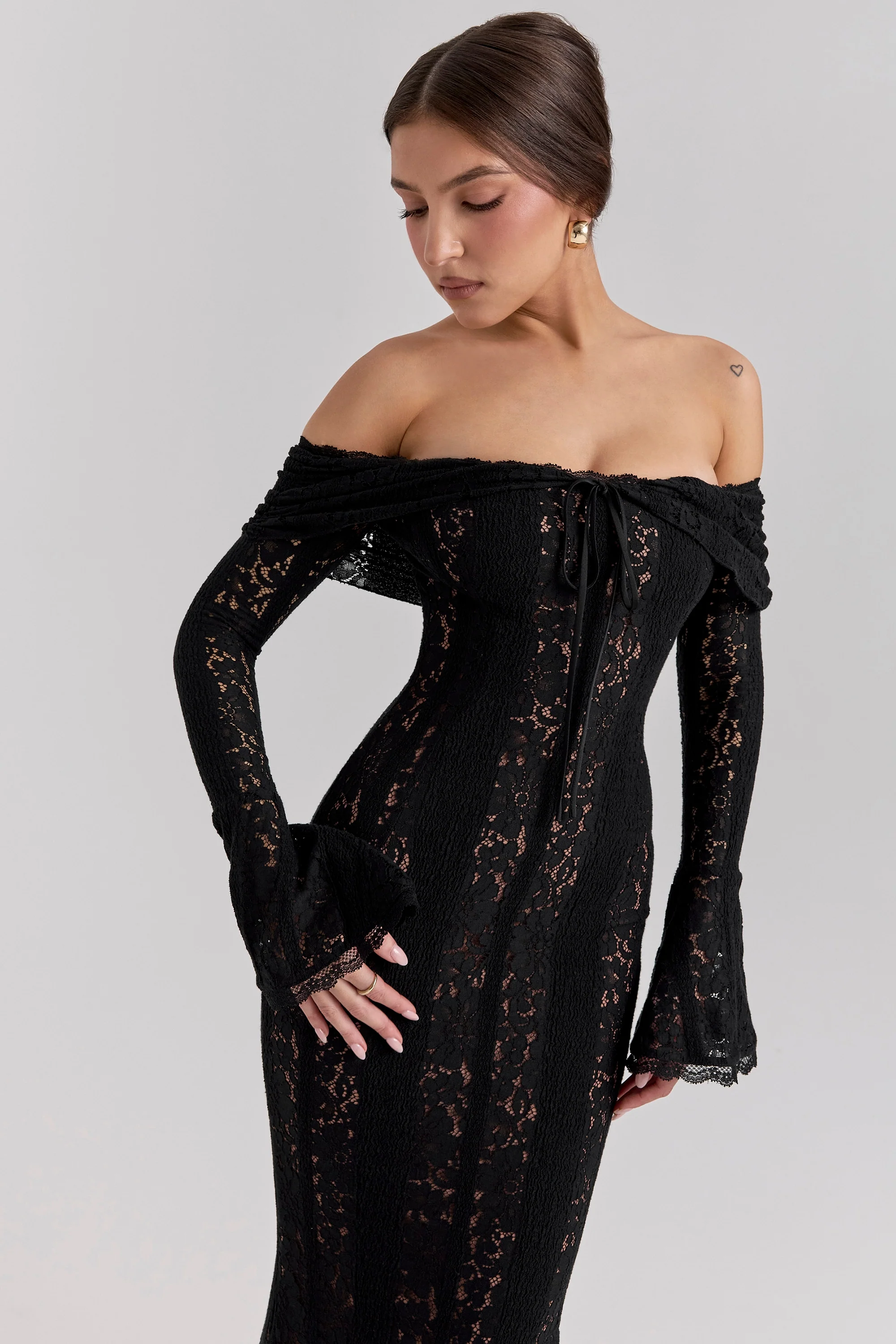 Black Off Shoulder Floral Lace Maxi Dress