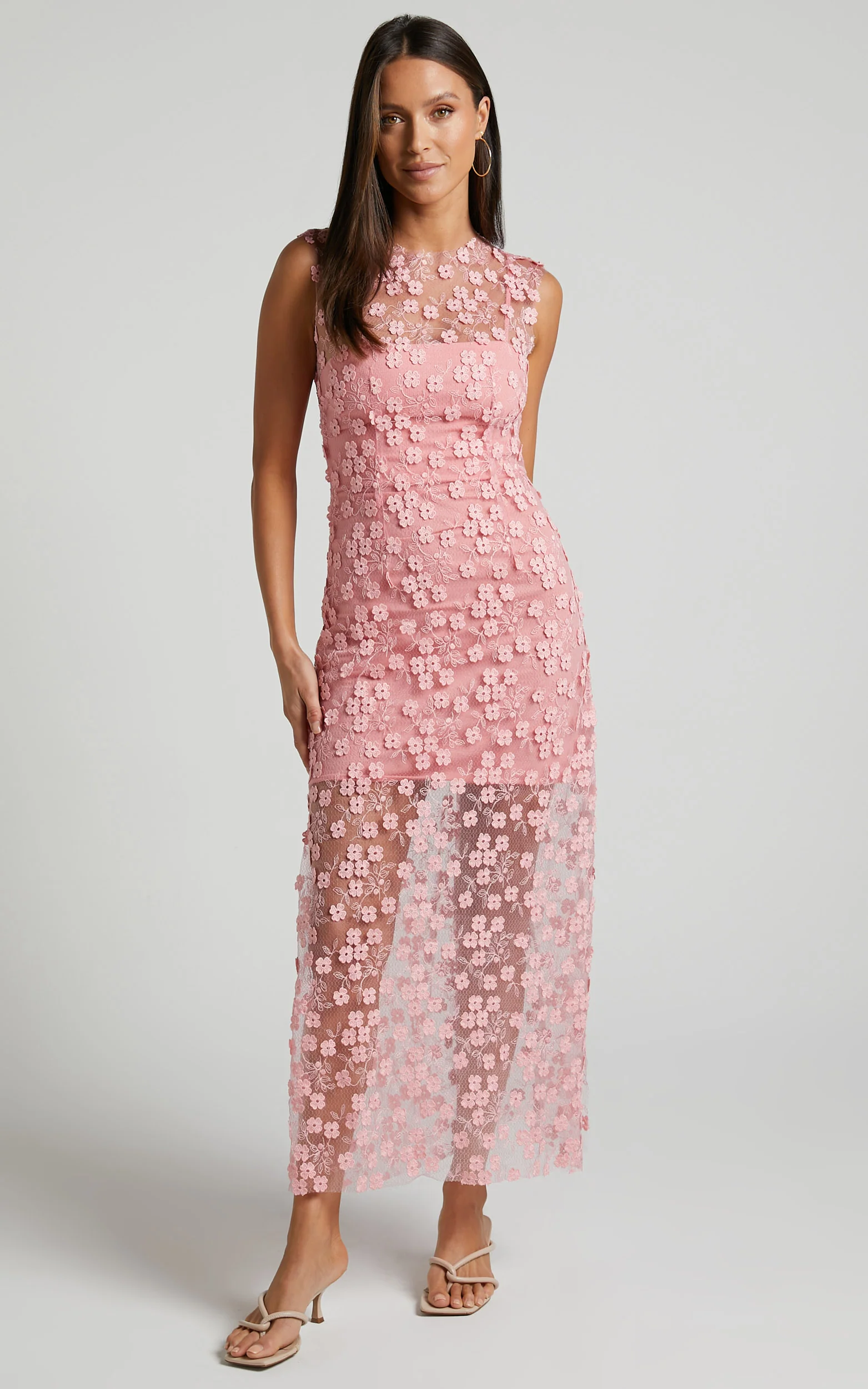 Hazel Midi Dress - 3D Flower Net Bodycon Dress in Pink