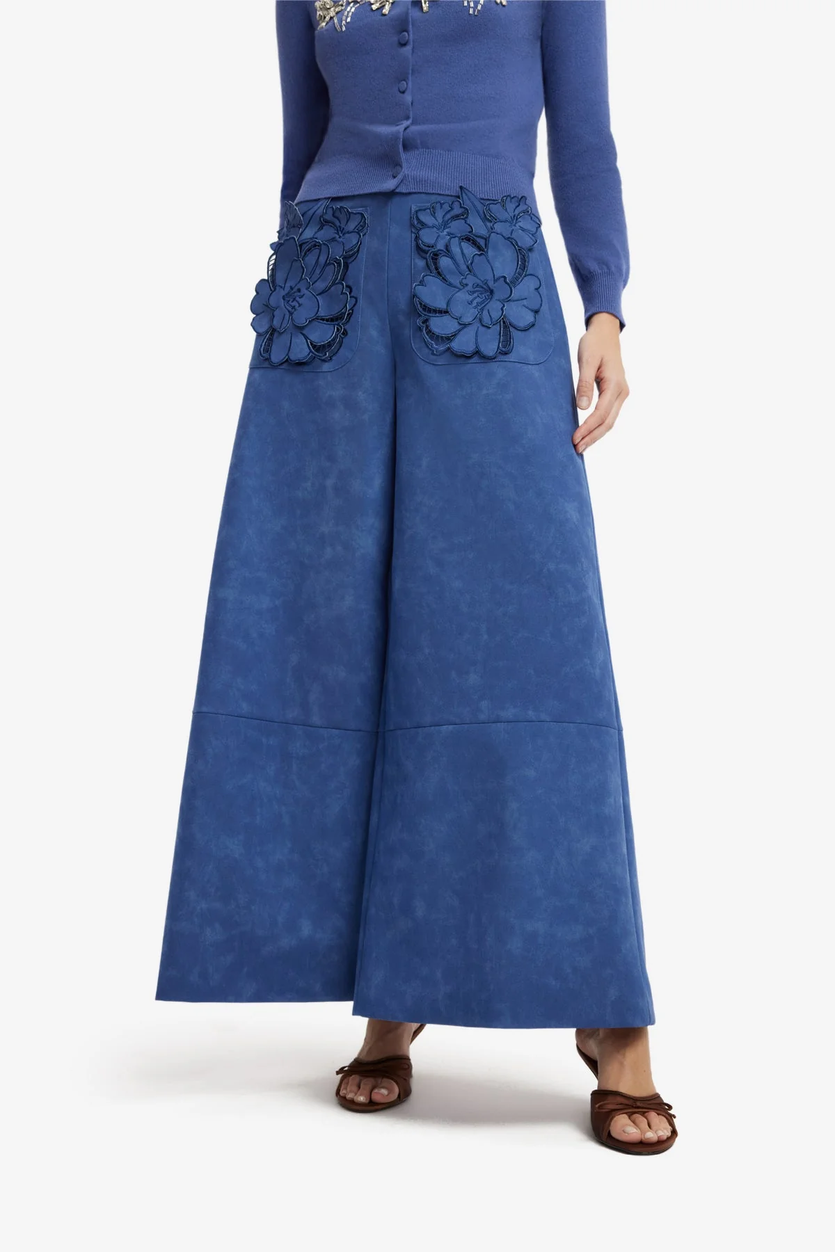 Christine Appliqué Vegan Suede Pants - Azure
