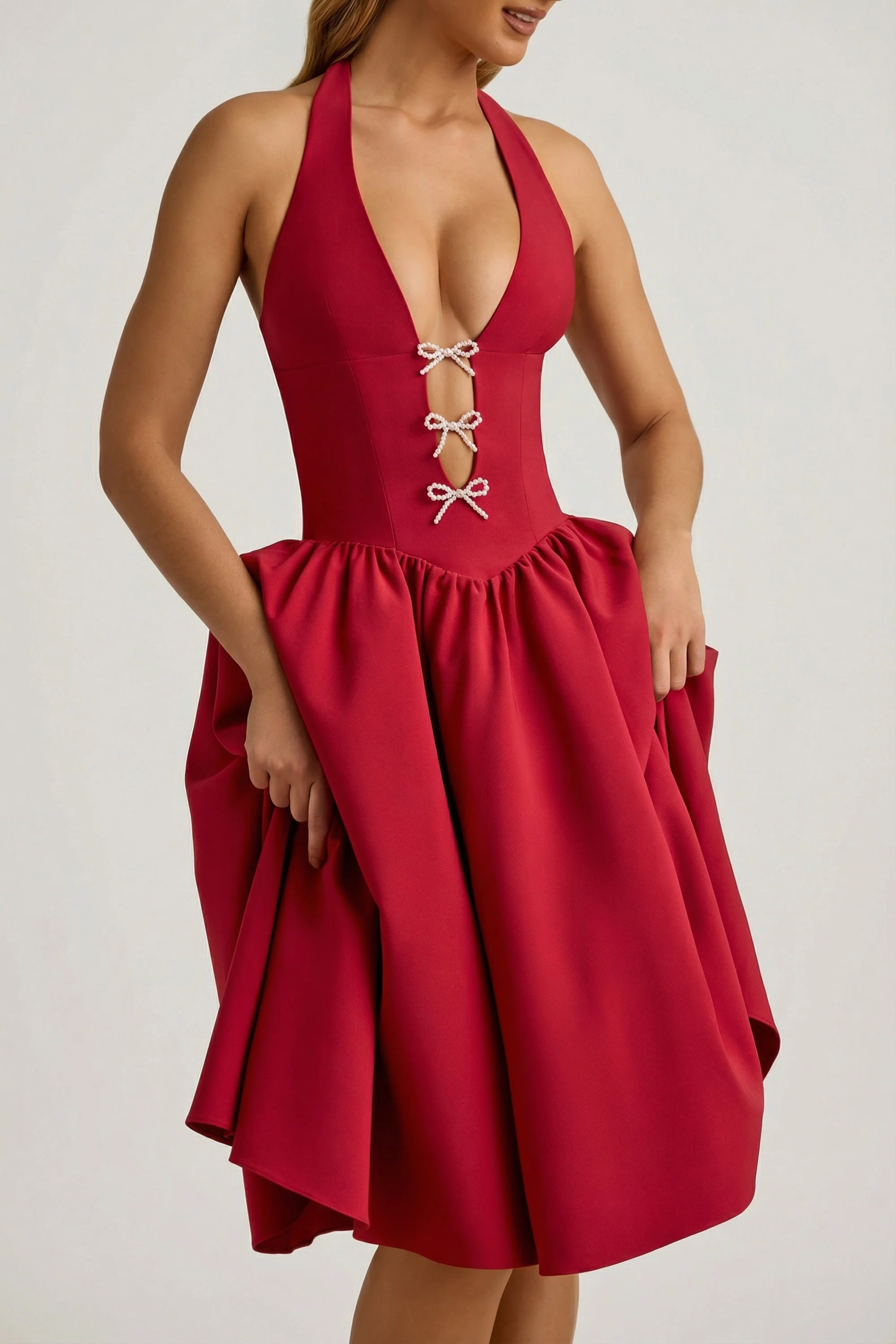 Halterneck Bow-Detail Midi Dress in True Red