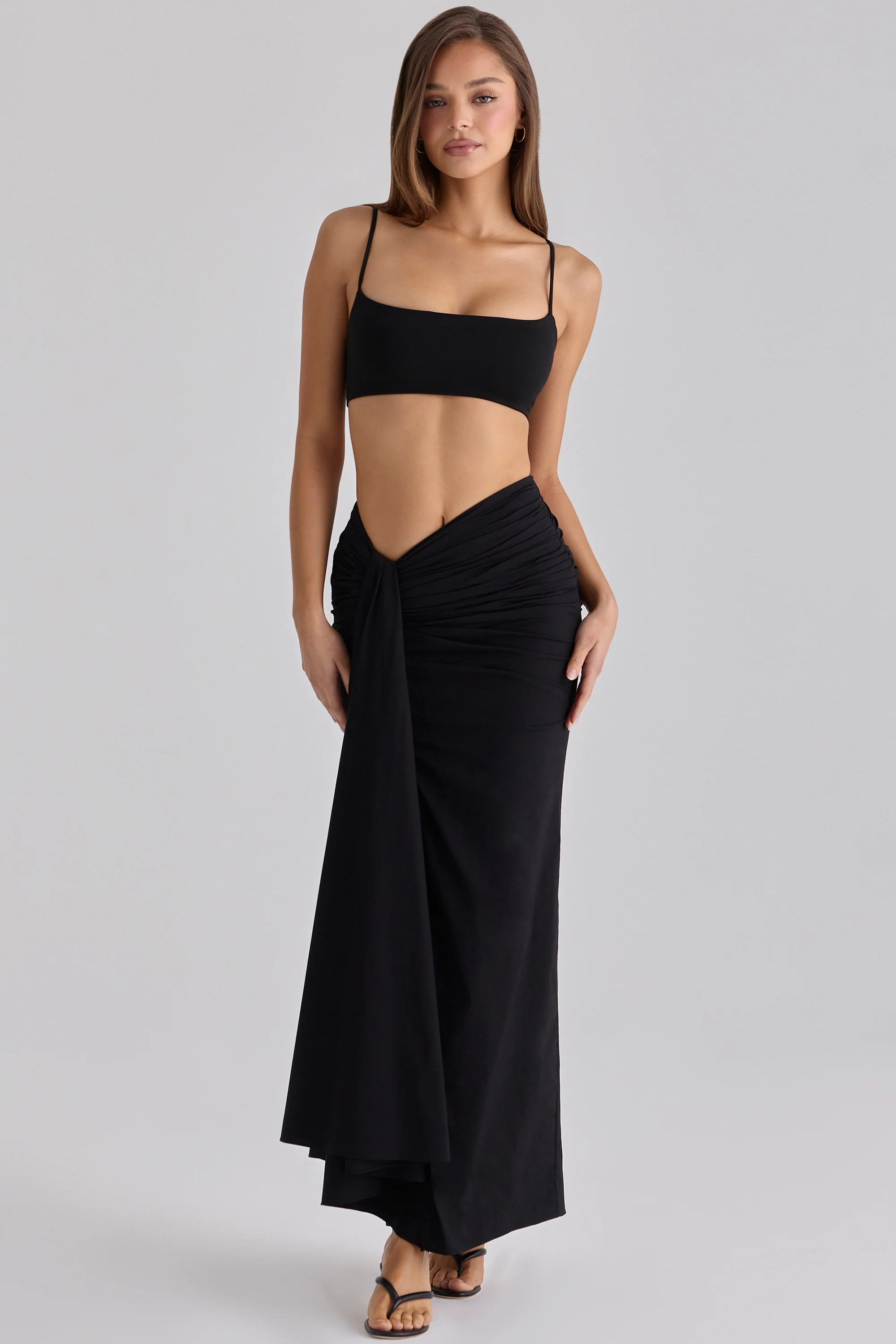 Black Draped Cotton Midi Skirt