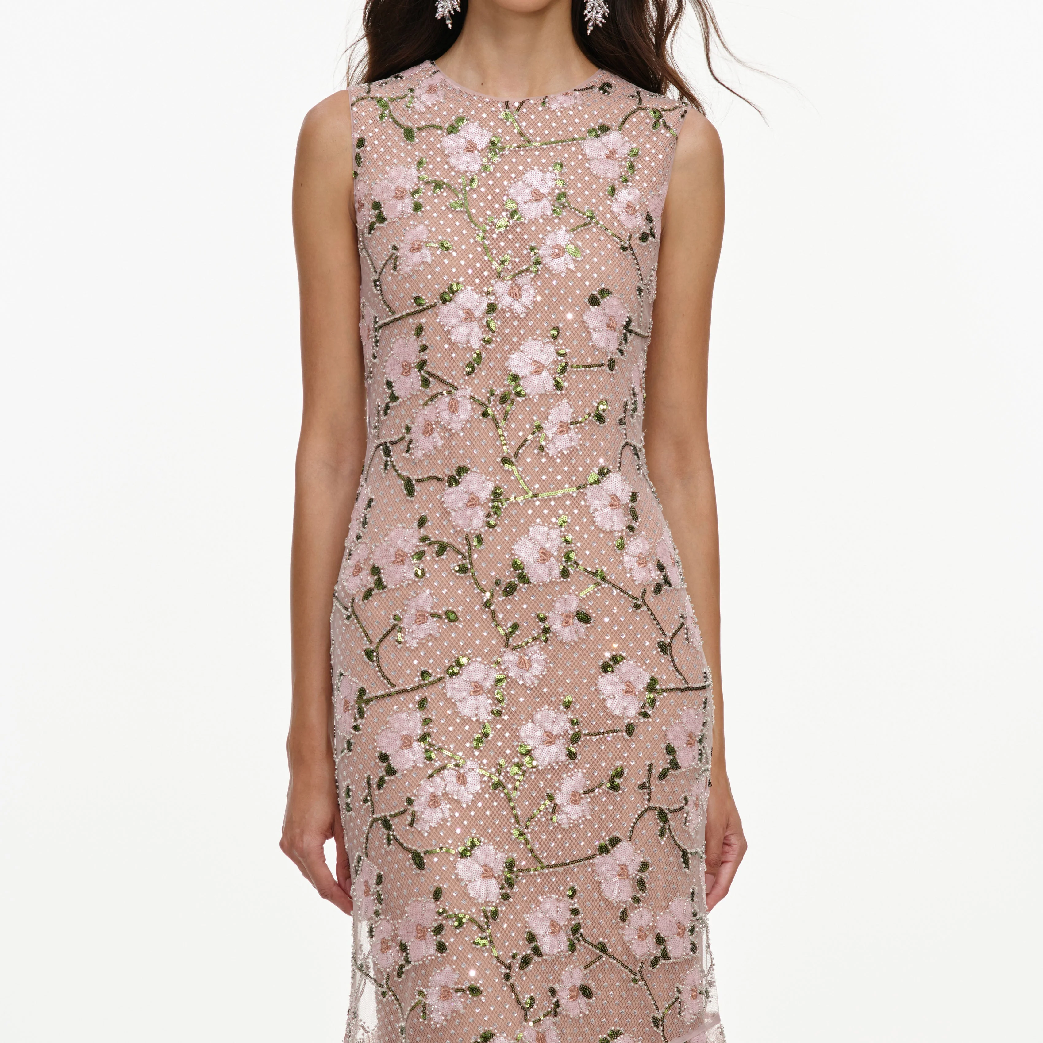 Pink Rhinestone Sequin Mesh Maxi Dress