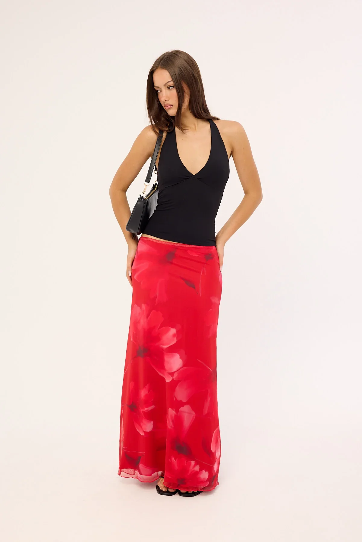 Luck & Trouble Mindy Mesh Floral Maxi Skirt Red