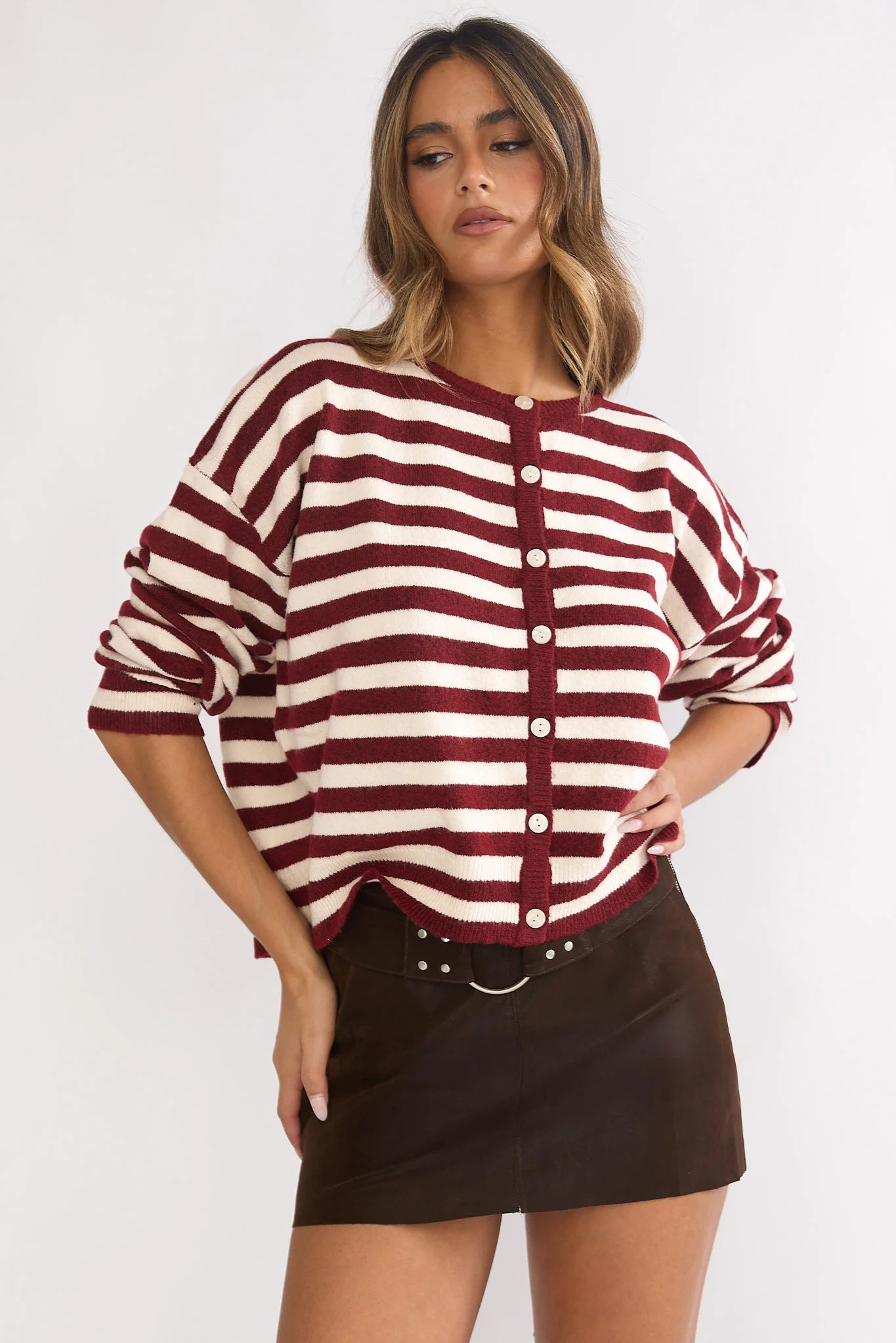 Ivyn Button Front Knitwear Top Stripe Crimson