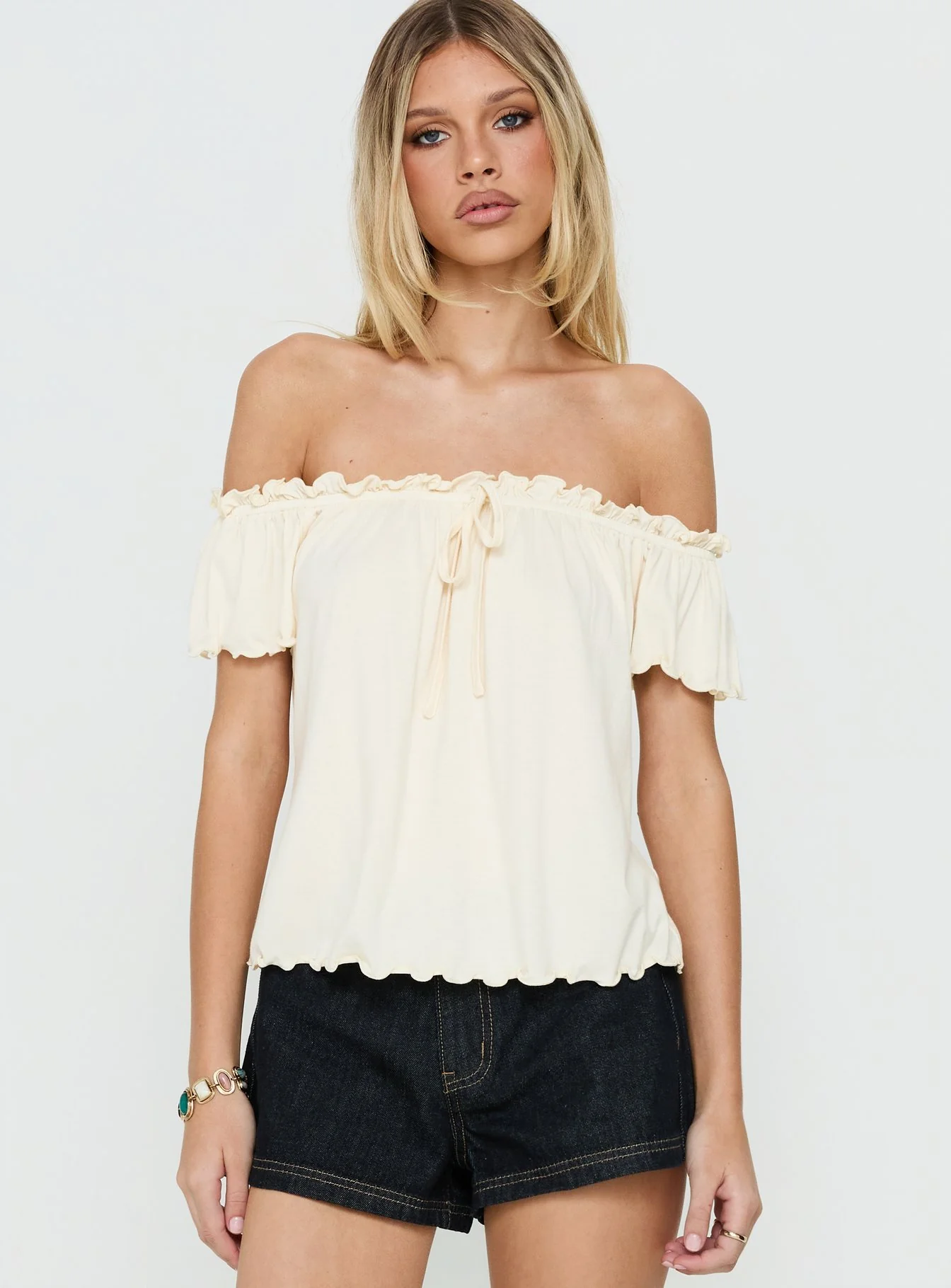 Stars Hollow Babydoll Off Shoulder Top Cream