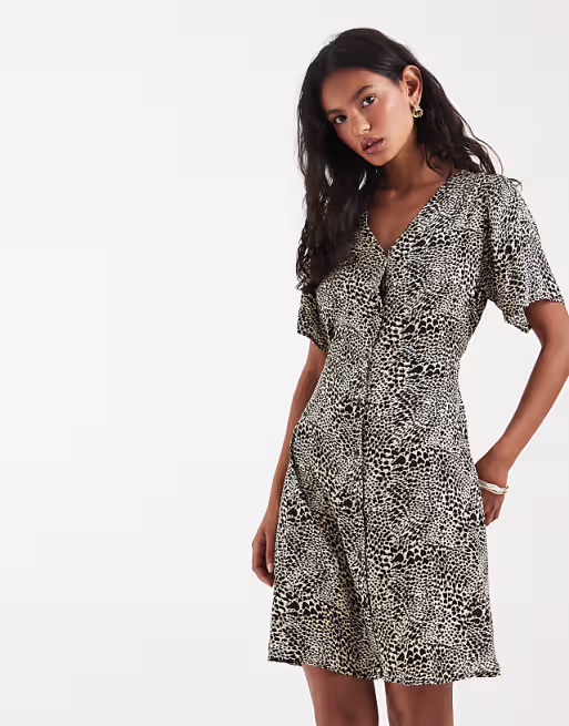 ONLY v neck tie waist mini dress in leo print
