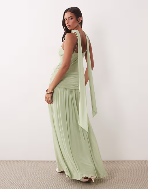 mesh ruched bust maxi dress with scarf detail in sage green
