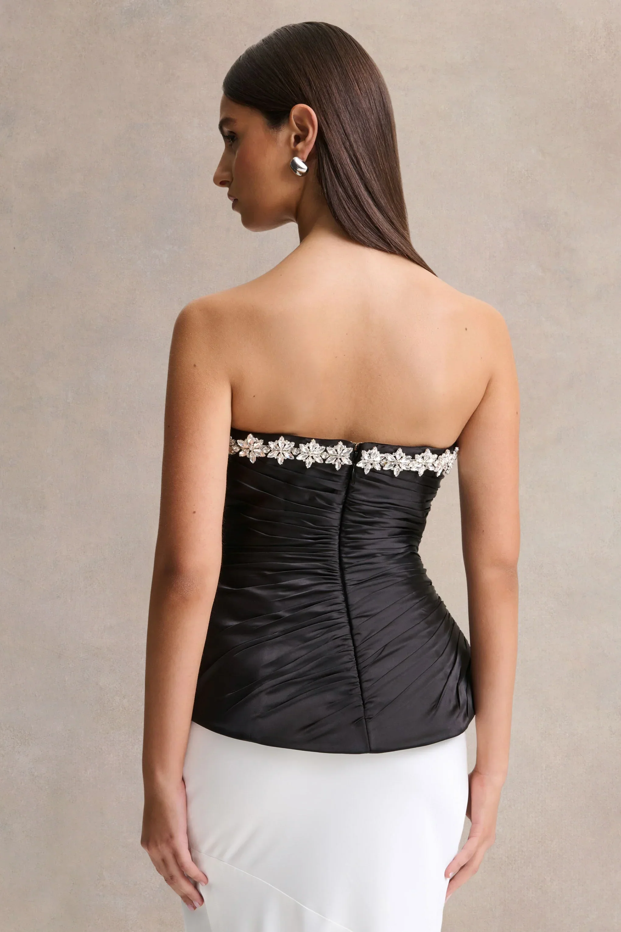 Ambria | Black Satin Hand-Embellished Sweetheart-Neck Corset Top