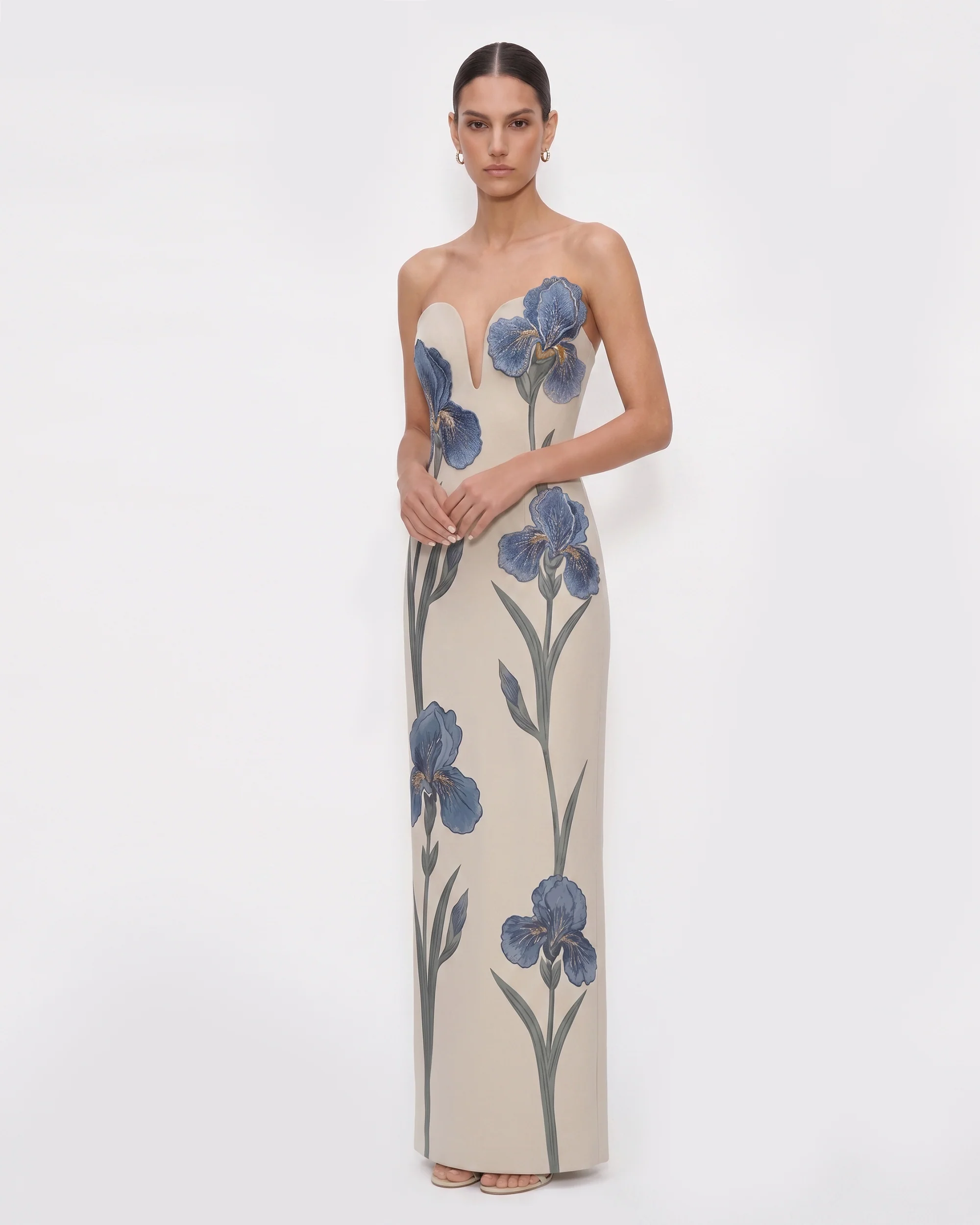 Iris Embroidered Notch Neck Strapless Maxi Dress - Light Beige