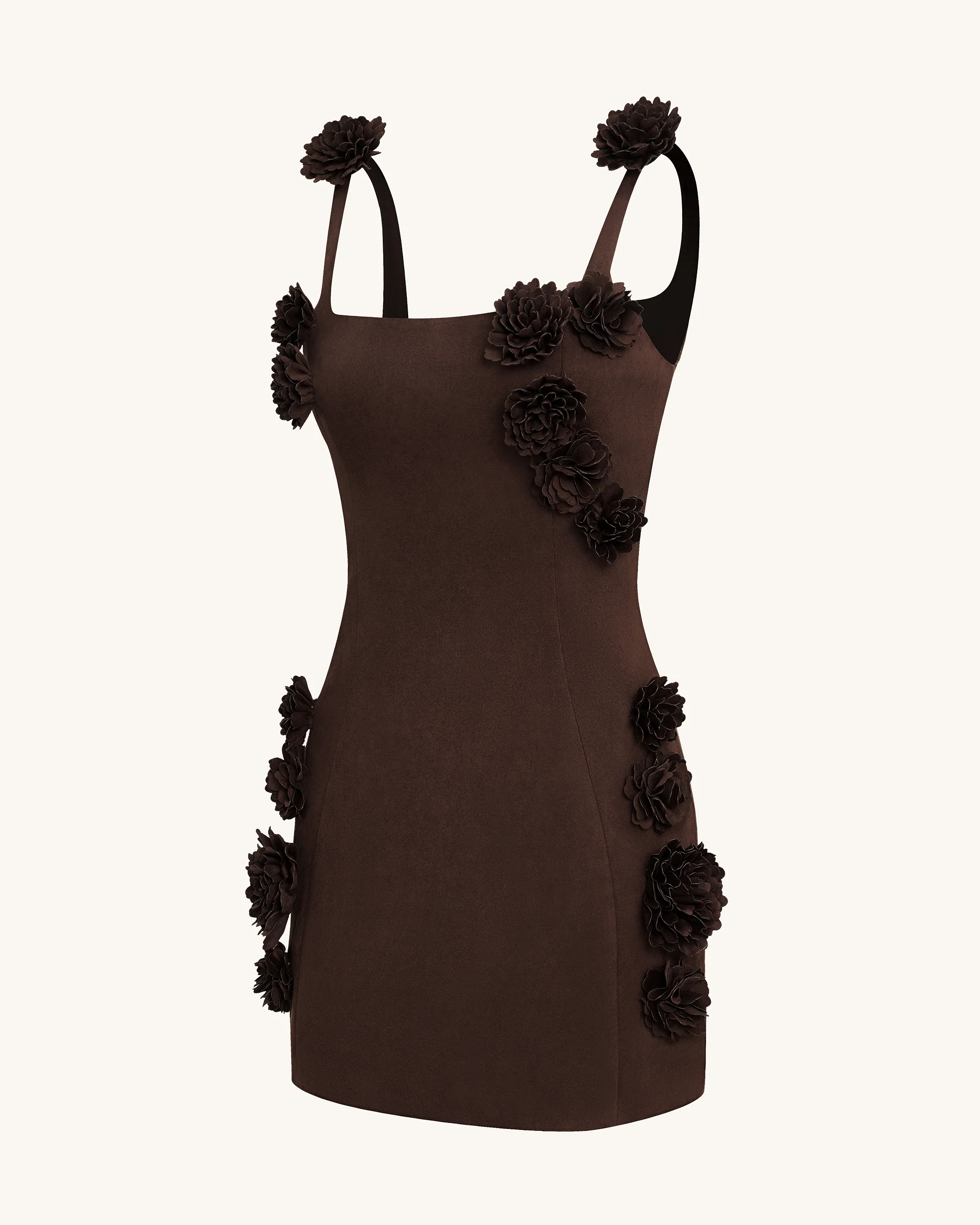 Elaina Rosette Applique Mini Dress - Chocolate Brown - FASHION NOB