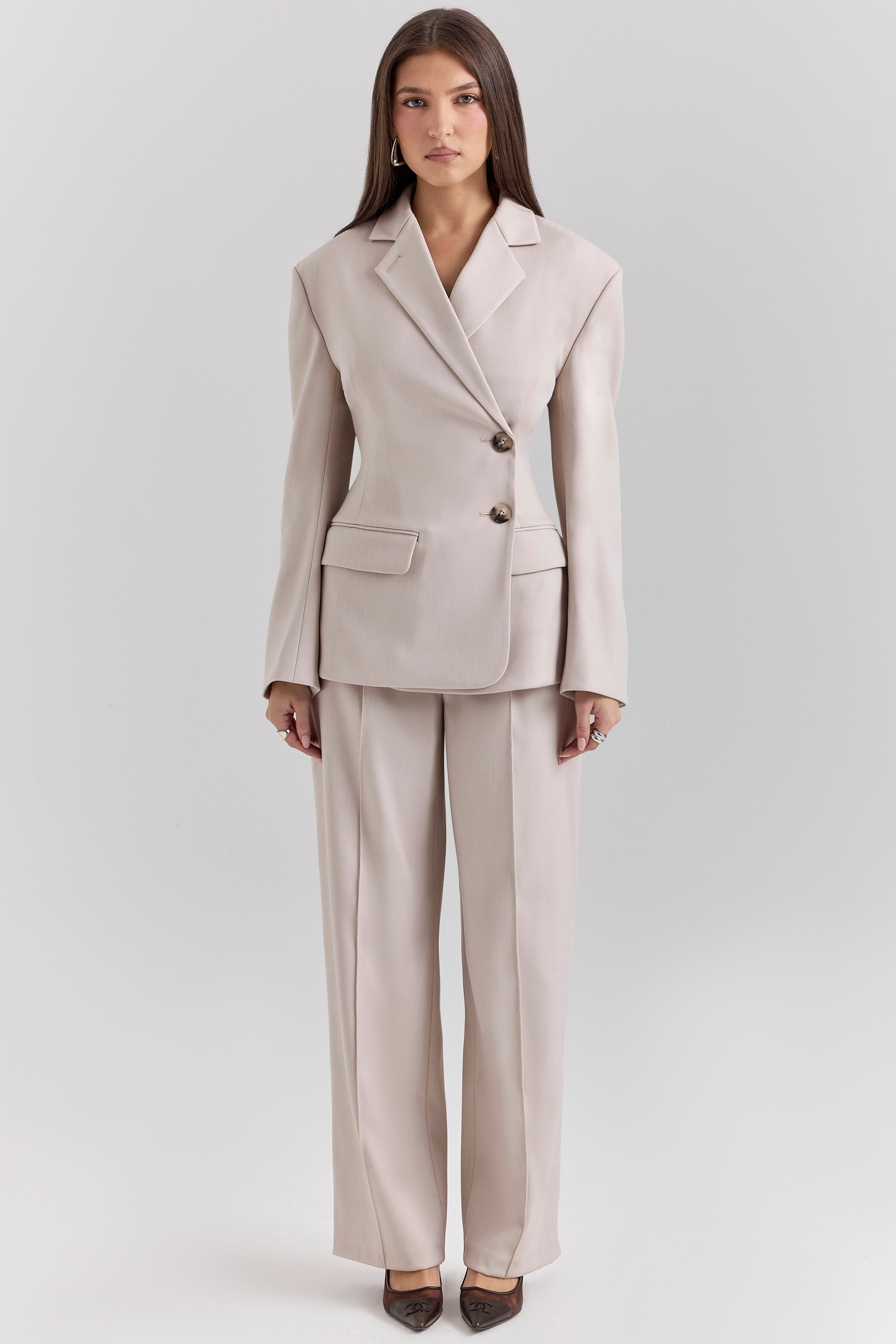 Beige High Waist Tailored Trousers