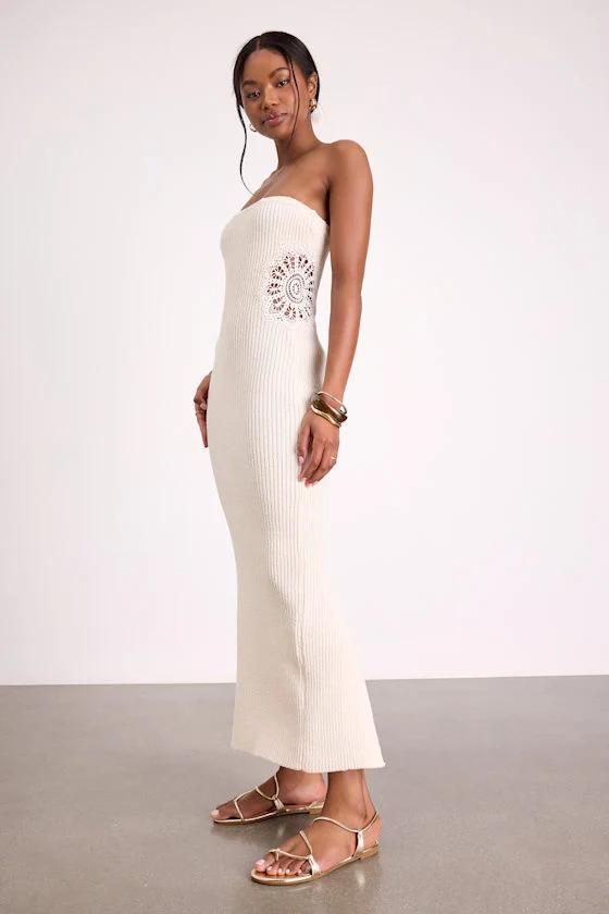 Brenna Ivory Strapless Sweater Knit Midi Dress